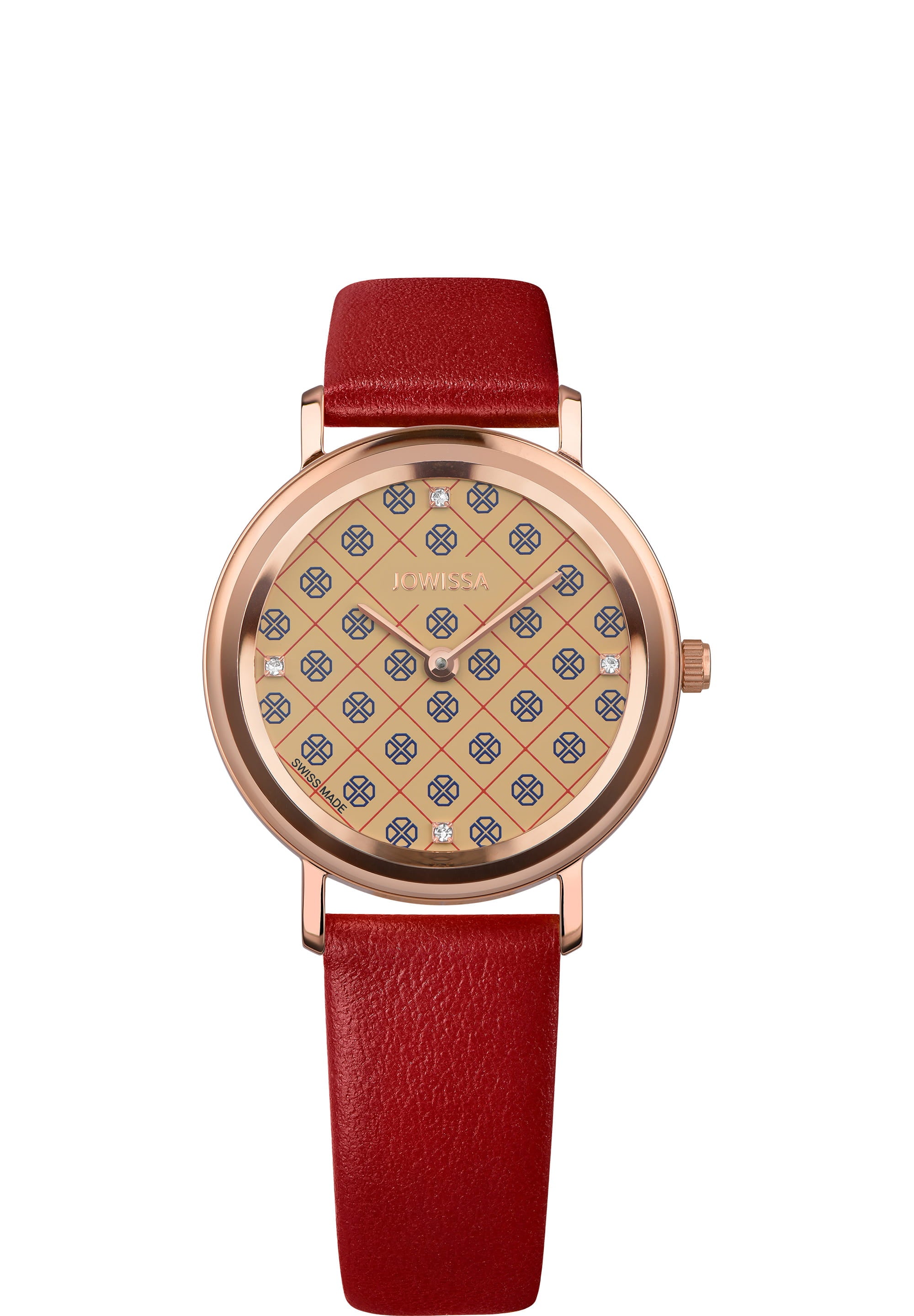 AnWy Swiss Ladies Watch J6.224.M featuring a red leather strap, rose-gold case, and logo pattern dial.