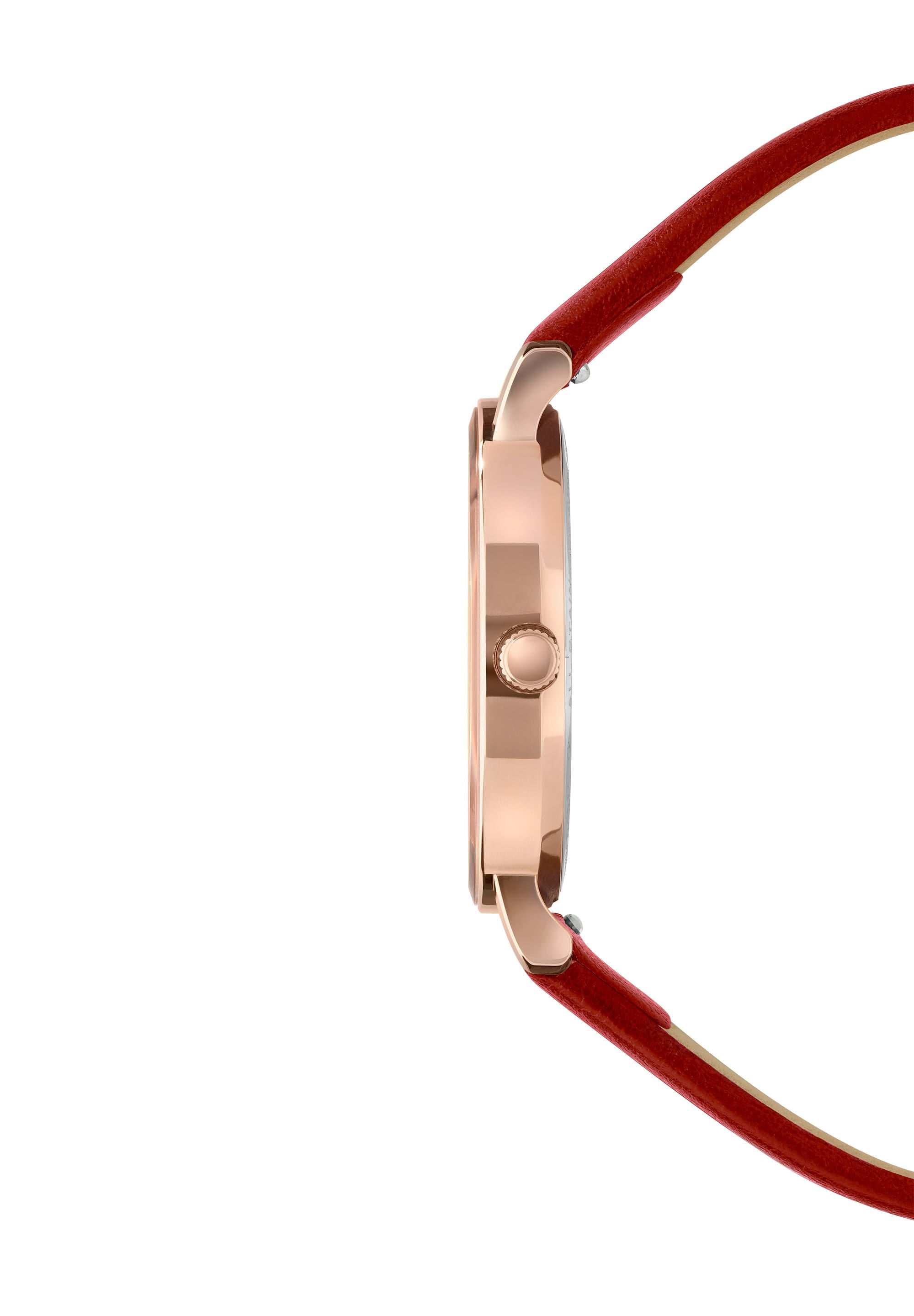 AnWy Swiss Ladies Watch J6.224.M featuring a red leather strap, rose-gold case, and logo pattern dial.