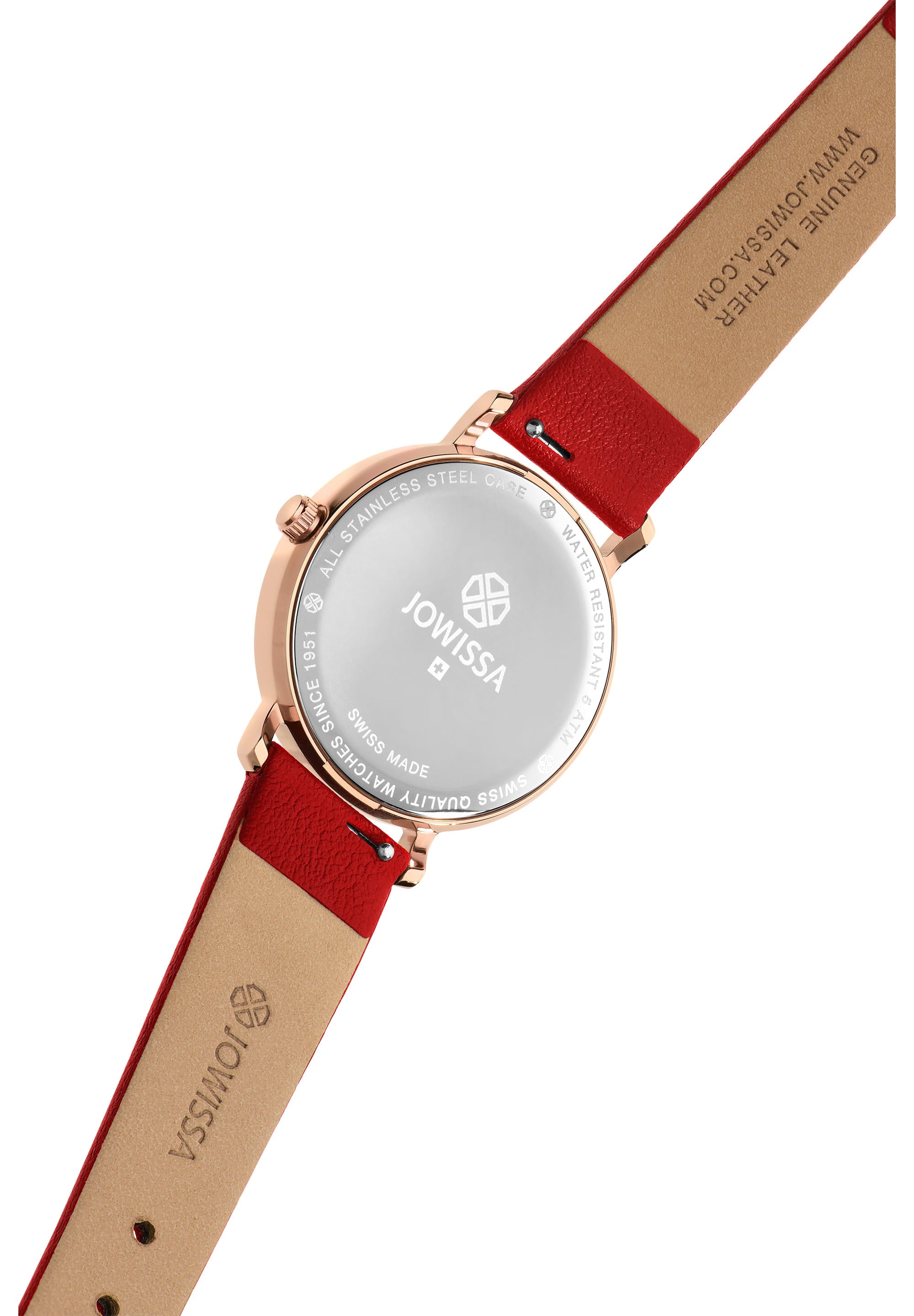 AnWy Swiss Ladies Watch J6.224.M featuring a red leather strap, rose-gold case, and logo pattern dial.