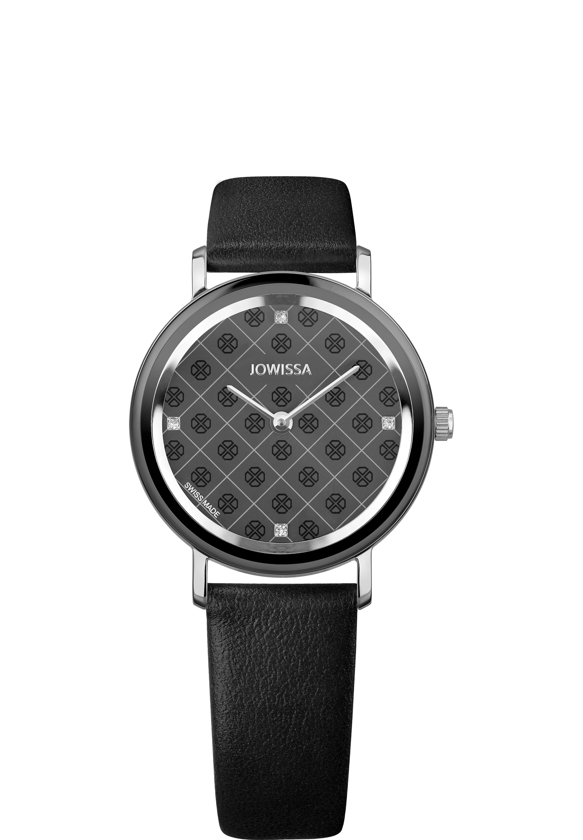 AnWy Swiss Ladies Watch J6.226.M featuring a black dial, silver hour hands, and a genuine leather strap, elegantly designed for women.