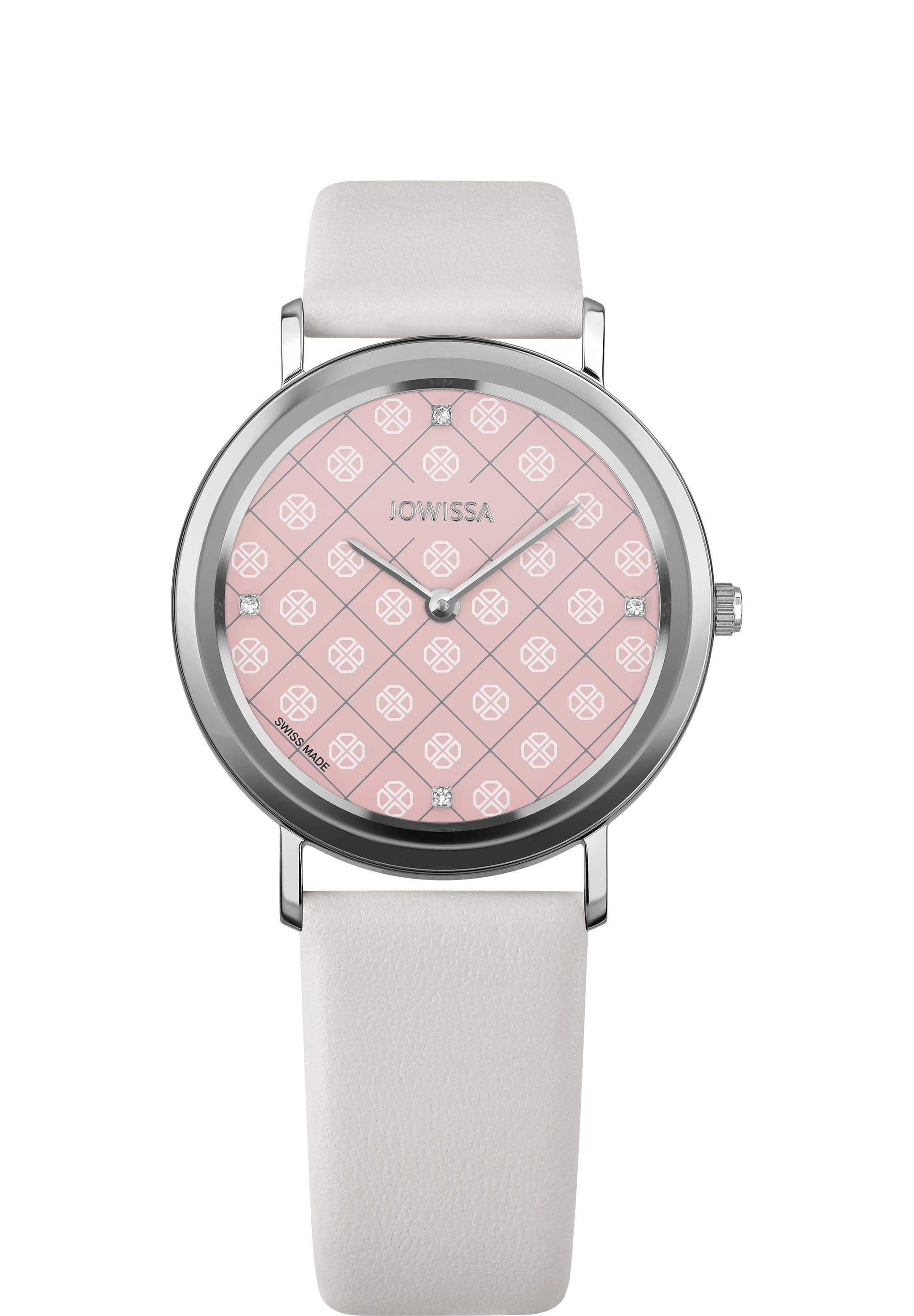 AnWy Swiss Ladies Watch J6.228.L featuring a white leather strap and blush-pink dial with rhinestone hour markers.