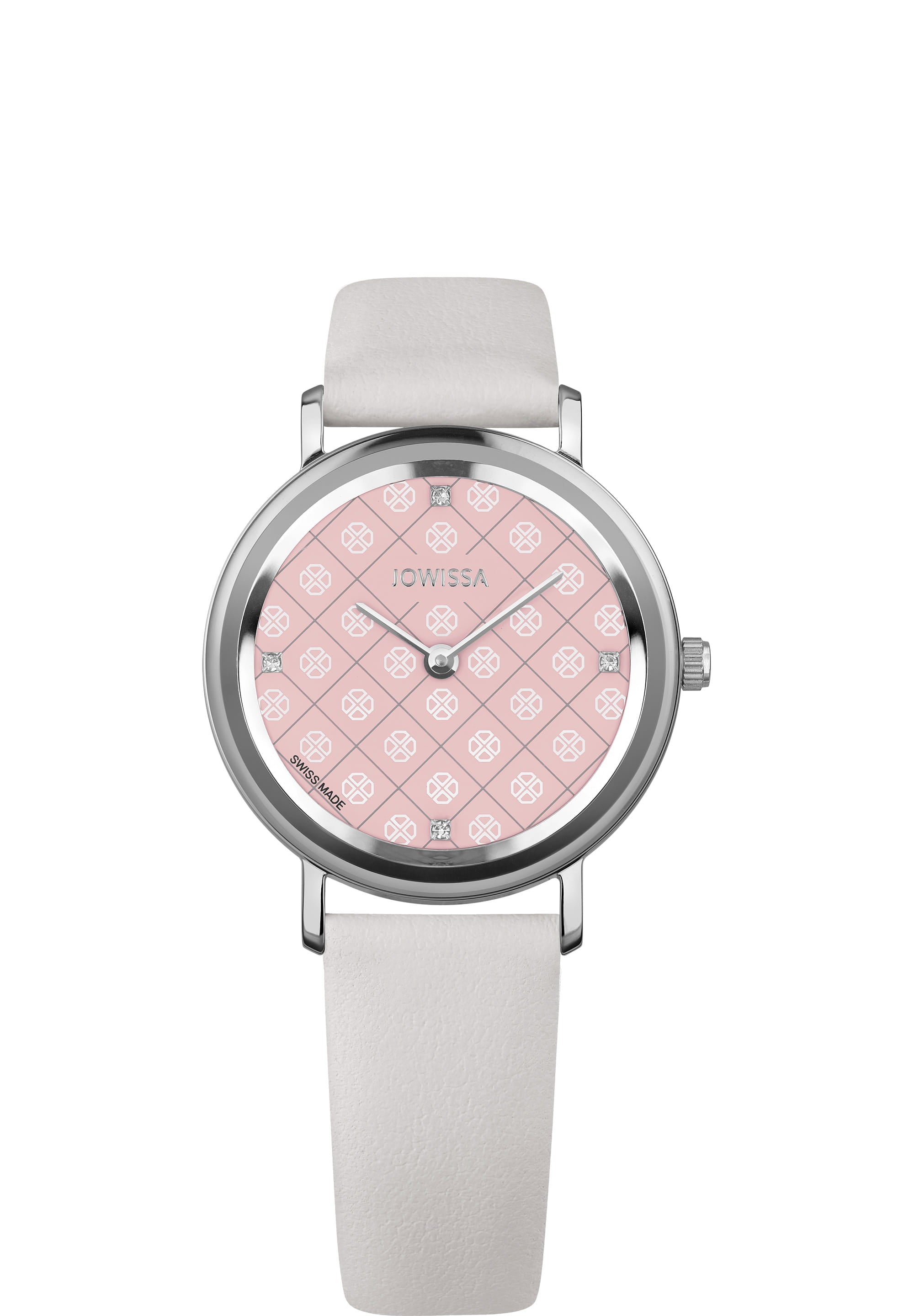 AnWy Swiss Ladies Watch J6.228.M featuring a white leather strap and blush-pink dial with rhinestone hour indices.