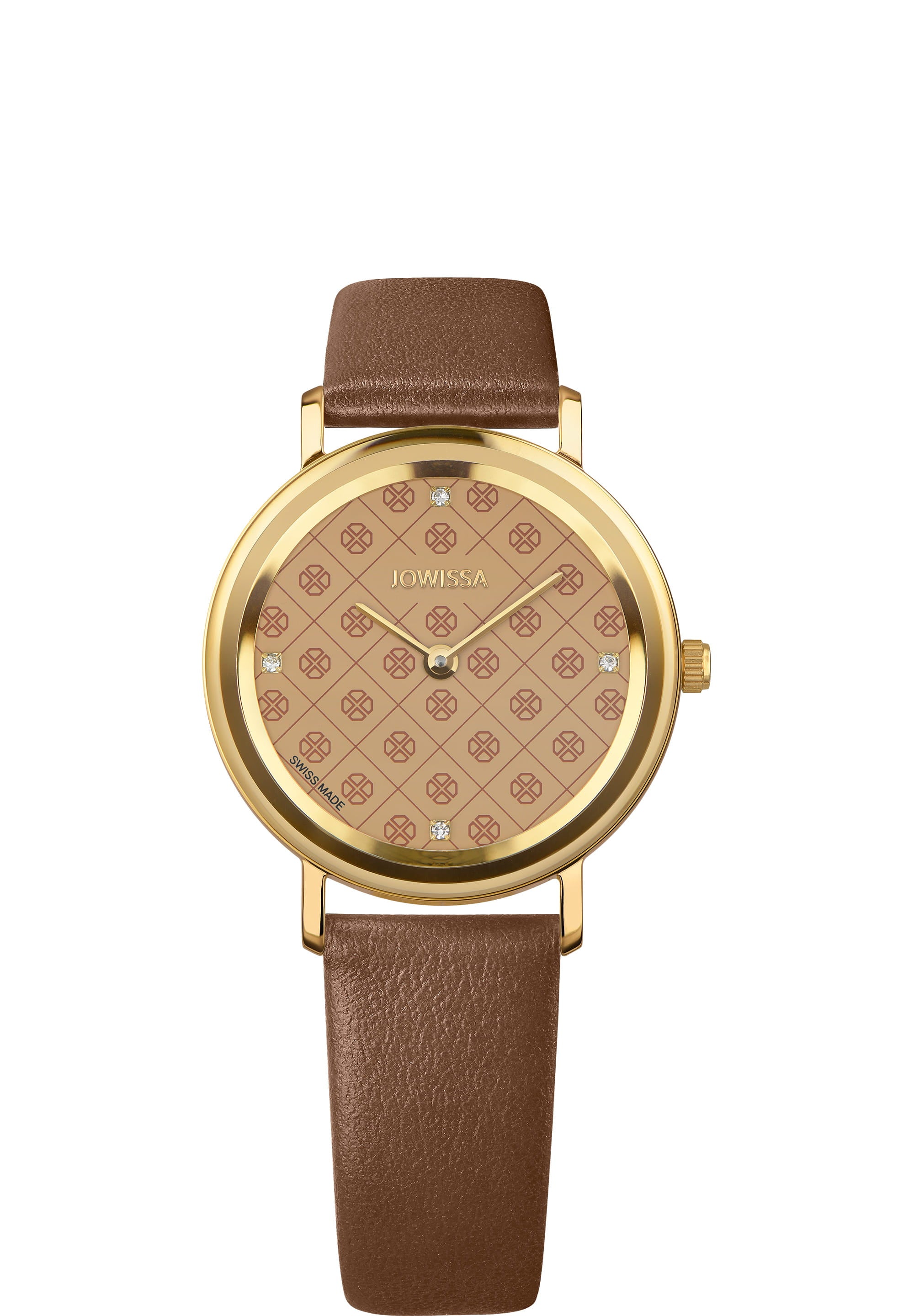 AnWy Swiss Ladies Watch J6.229.M featuring a logo-patterned dial, rhinestones, and a genuine leather strap in gold and brown.