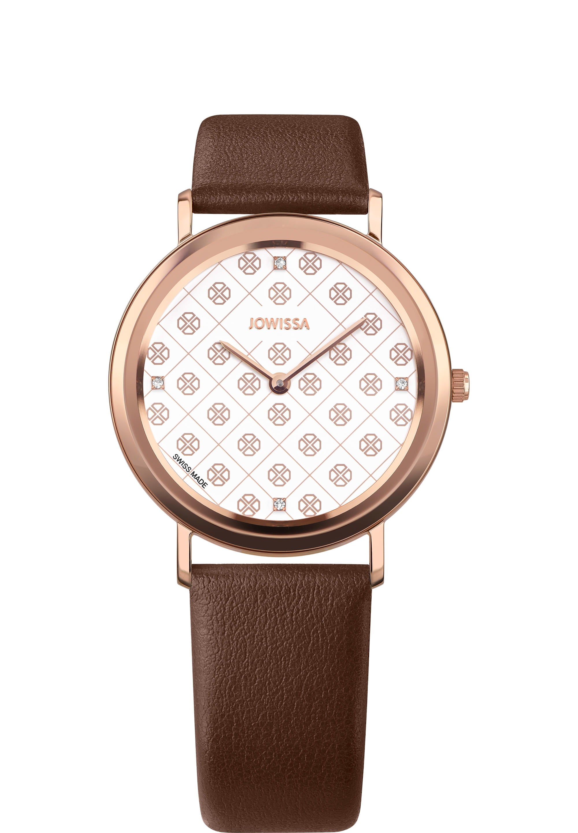 AnWy Swiss Ladies Watch J6.222.L featuring a rose-gold case, unique logo-patterned dial, and chocolate-brown leather strap.