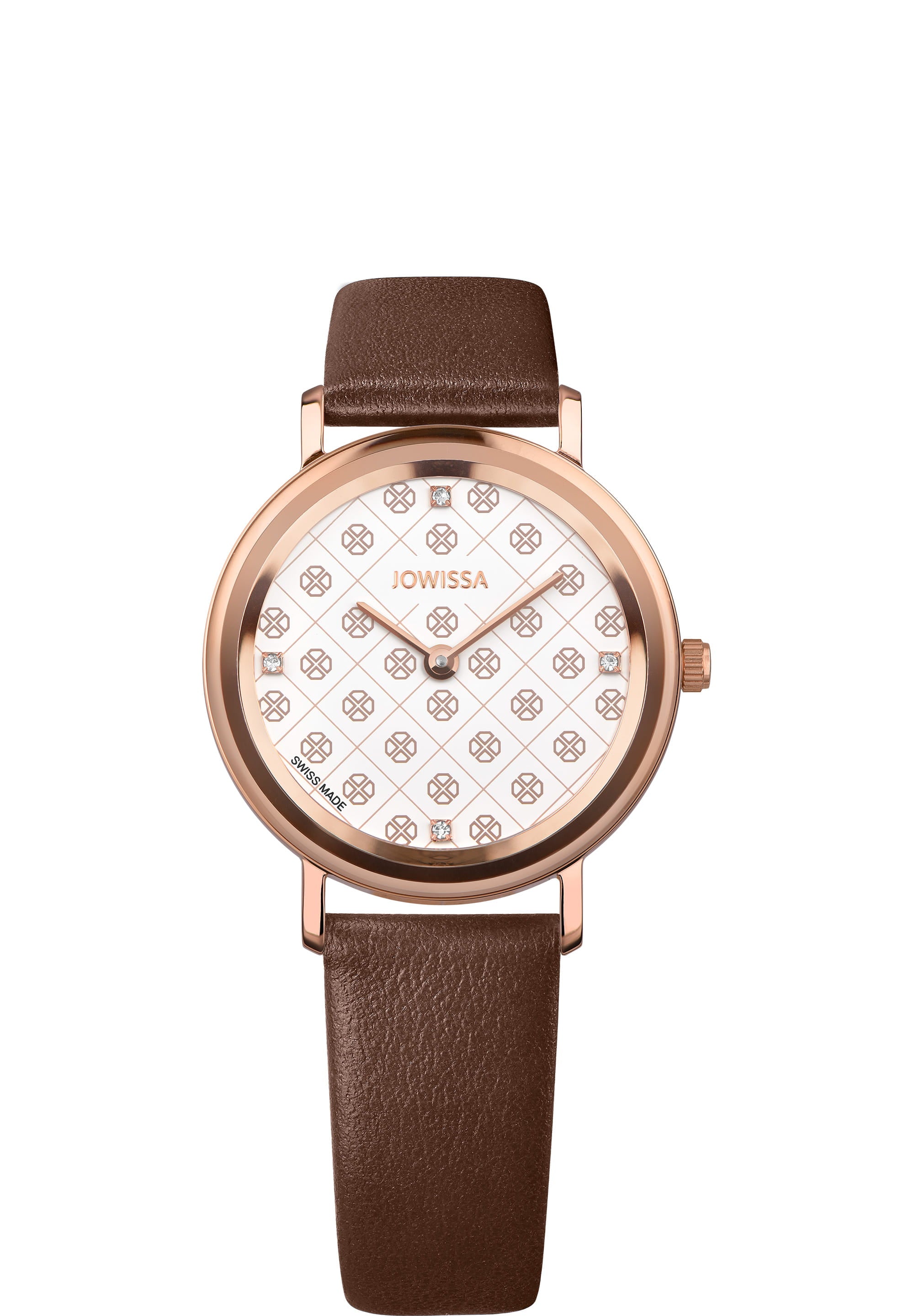 AnWy Swiss Ladies Watch J6.222.M featuring a rose-gold case, chocolate-brown leather strap, and logo-patterned dial.