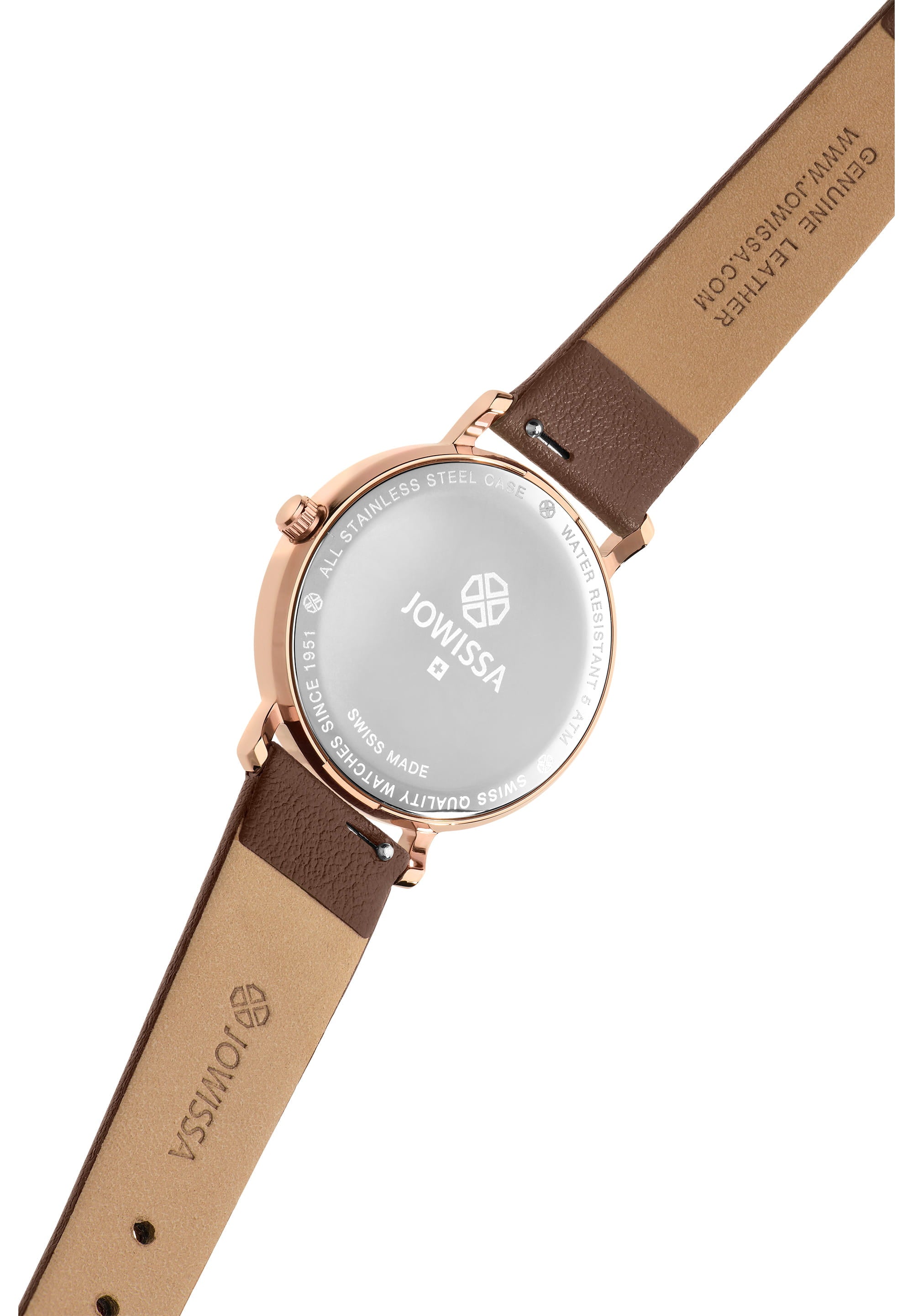 AnWy Swiss Ladies Watch J6.222.M featuring a rose-gold case, chocolate-brown leather strap, and logo-patterned dial.