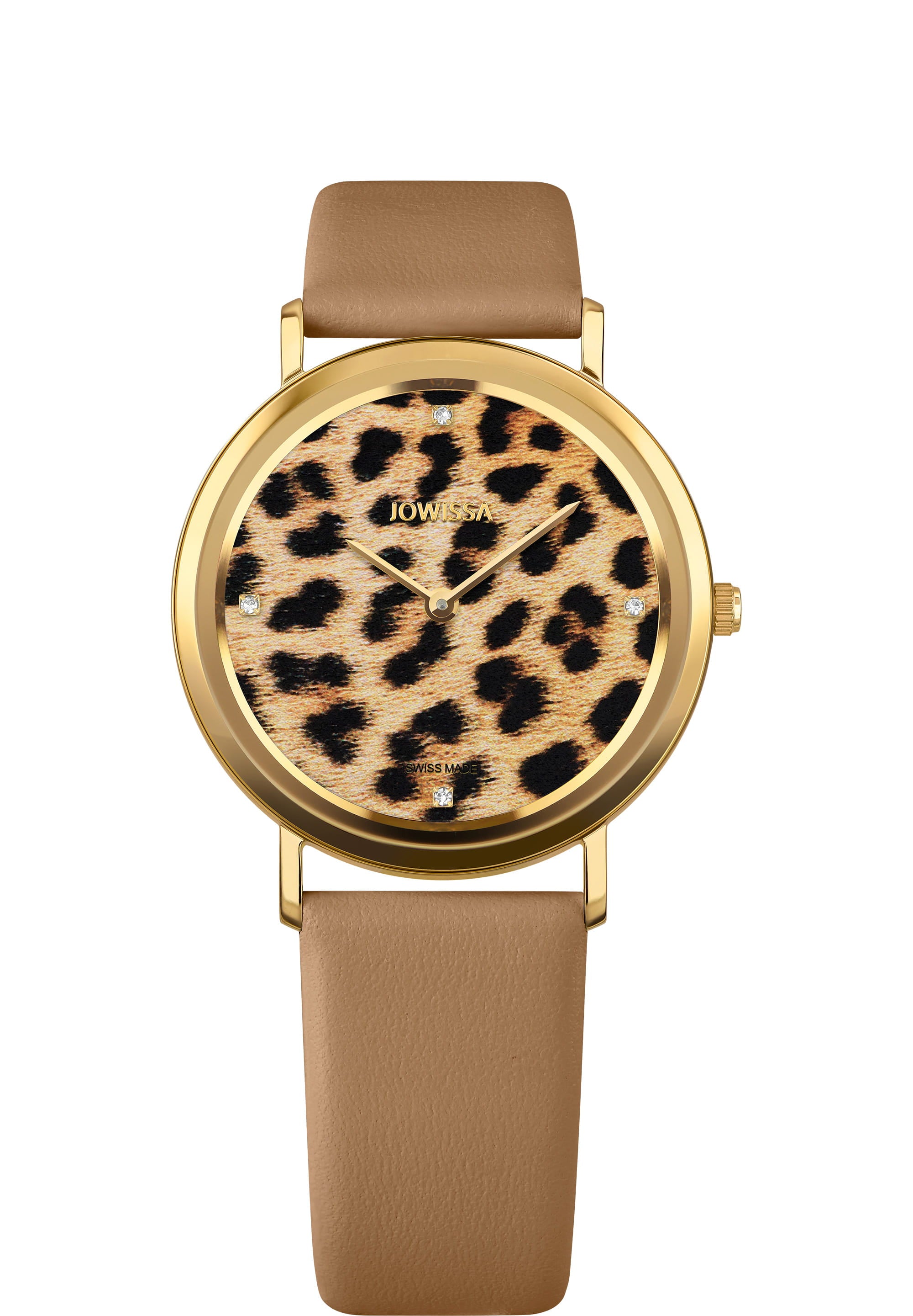 AnWy Swiss Ladies Watch J6.315.L featuring a tan leopard print dial, gemstone hour markers, and a yellow-gold case with a brown leather strap.