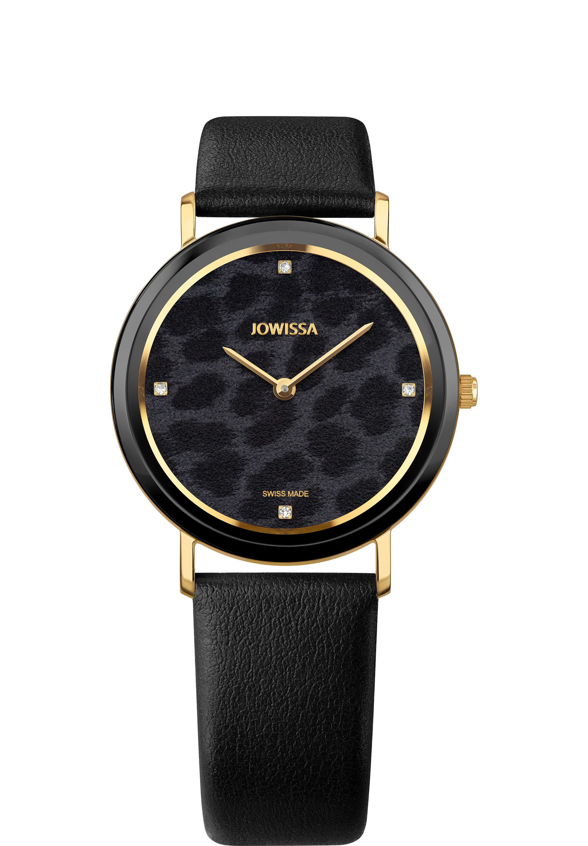 AnWy Swiss Ladies Watch J6.316.L featuring a black leopard print dial, gold-tone hardware, and a black leather strap.