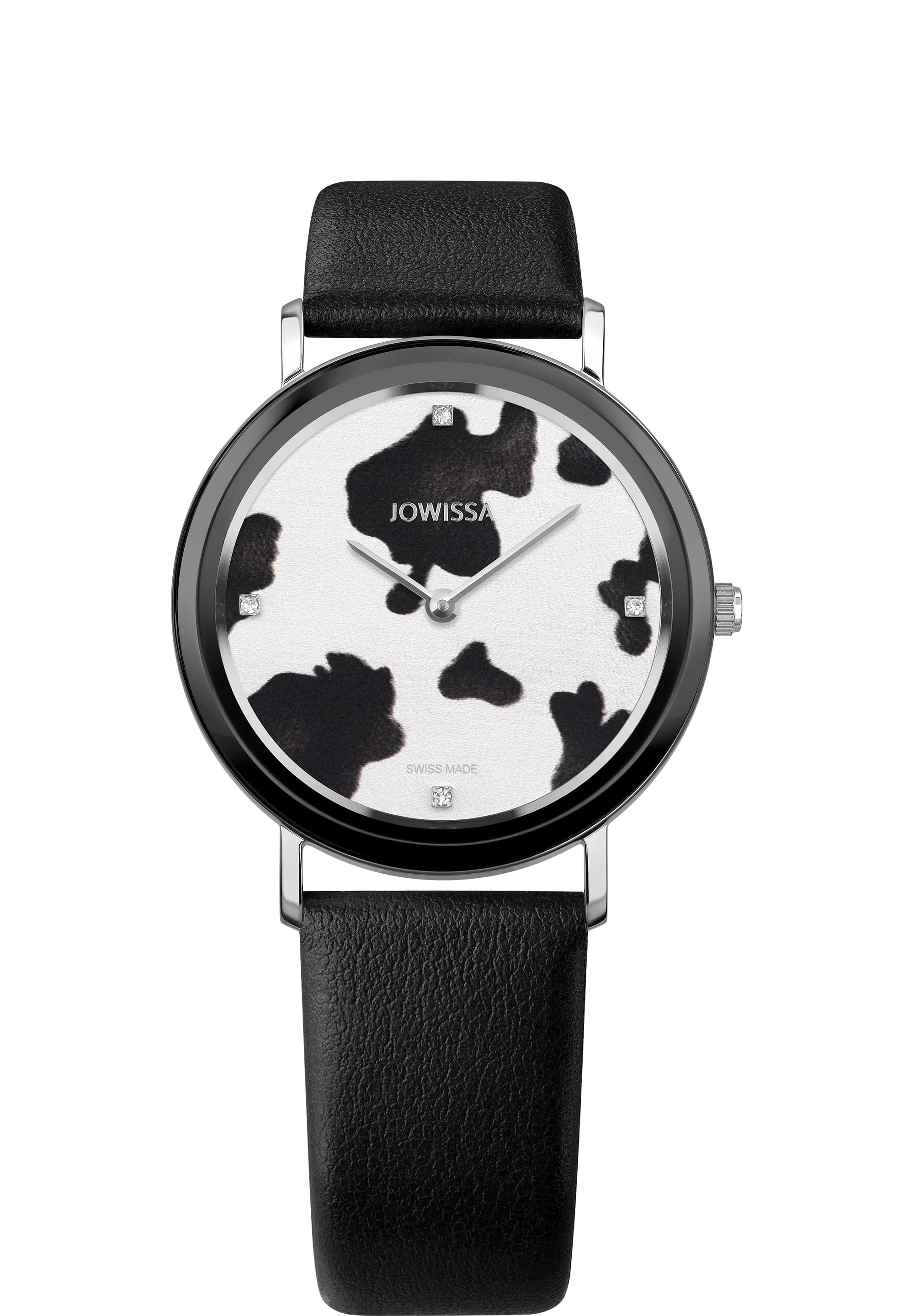 AnWy Swiss Ladies Watch J6.318.L featuring a black cow print on a white dial, gemstone hour markers, and a black leather strap.