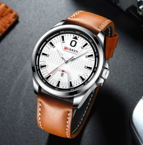 Archetypal Curren Leather Watch featuring a black dial, ivory hour markers, and a brown genuine leather wristband.