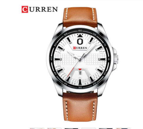 Archetypal Curren Leather Watch featuring a black dial, ivory hour markers, and a brown genuine leather wristband.