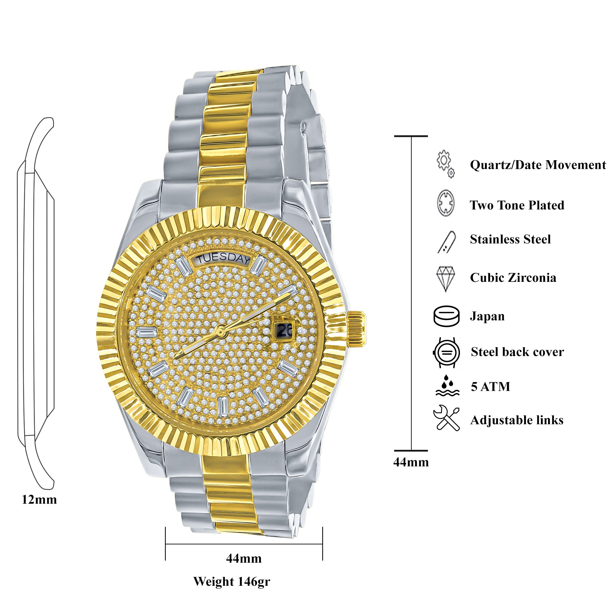 ARISTOCRATIC HIP HOP METAL WATCH featuring a bling metal design with CZ stones, solid alloy construction, and adjustable links.