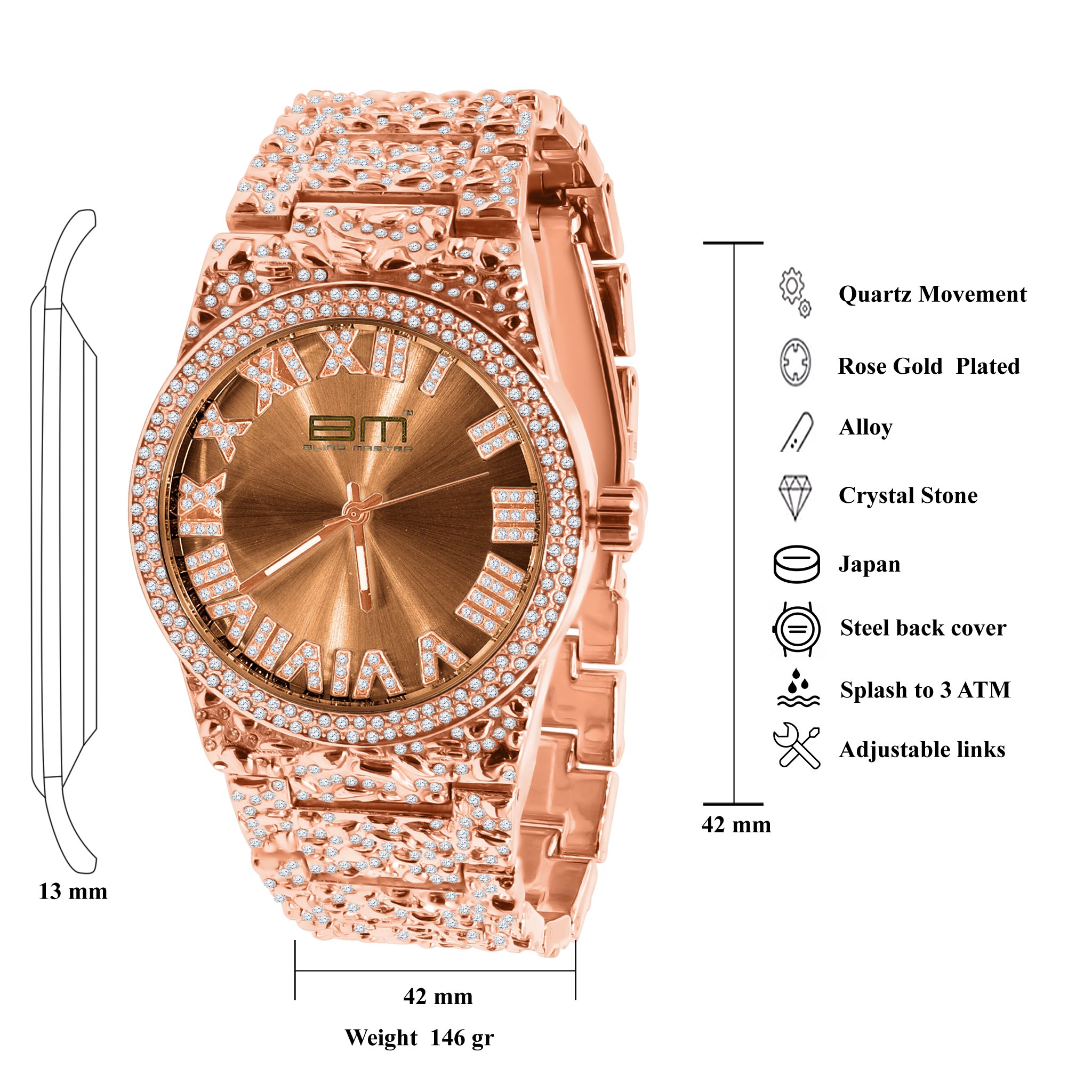 ARTERIAL BLING WATCH featuring a luxurious rose gold design with droplet theme, adjustable links, and elegant craftsmanship.