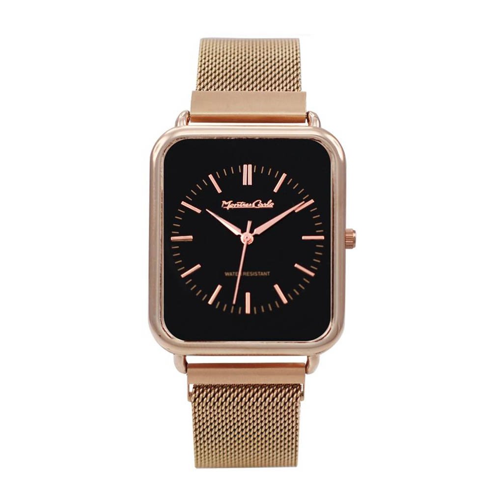 Auburn Montres Carlo Rose Gold Stainless Steel Mesh Band Watch with Magnetic Strap and Black Dial, showcasing its elegant design.