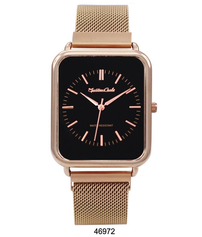 Auburn Montres Carlo Rose Gold Stainless Steel Mesh Band Watch with Magnetic Strap and Black Dial, showcasing its elegant design.