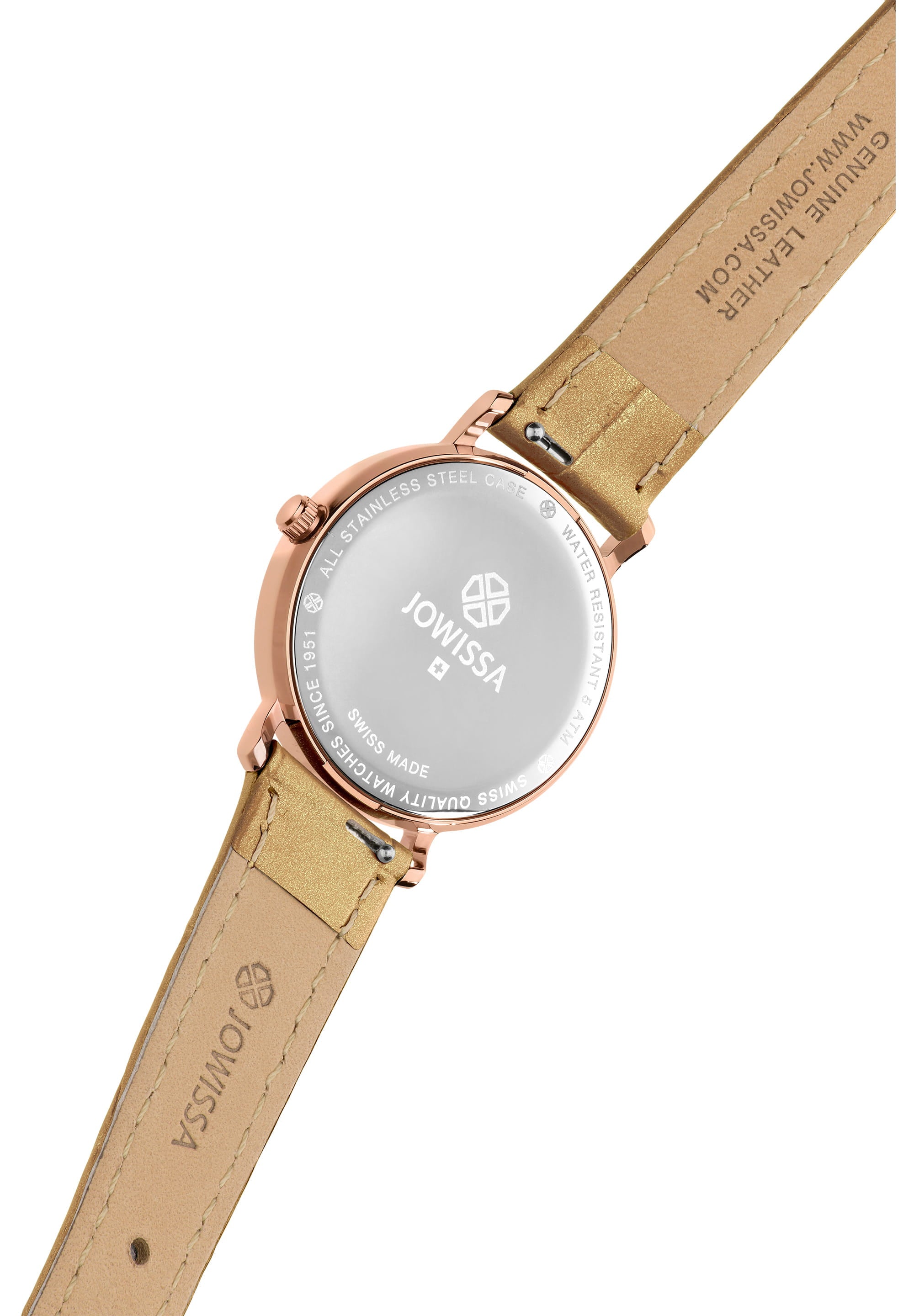 Aura Swiss Ladies Watch J5.638.M featuring a rose-gold dial, rhinestone hour markers, and an alligator-embossed leather strap.