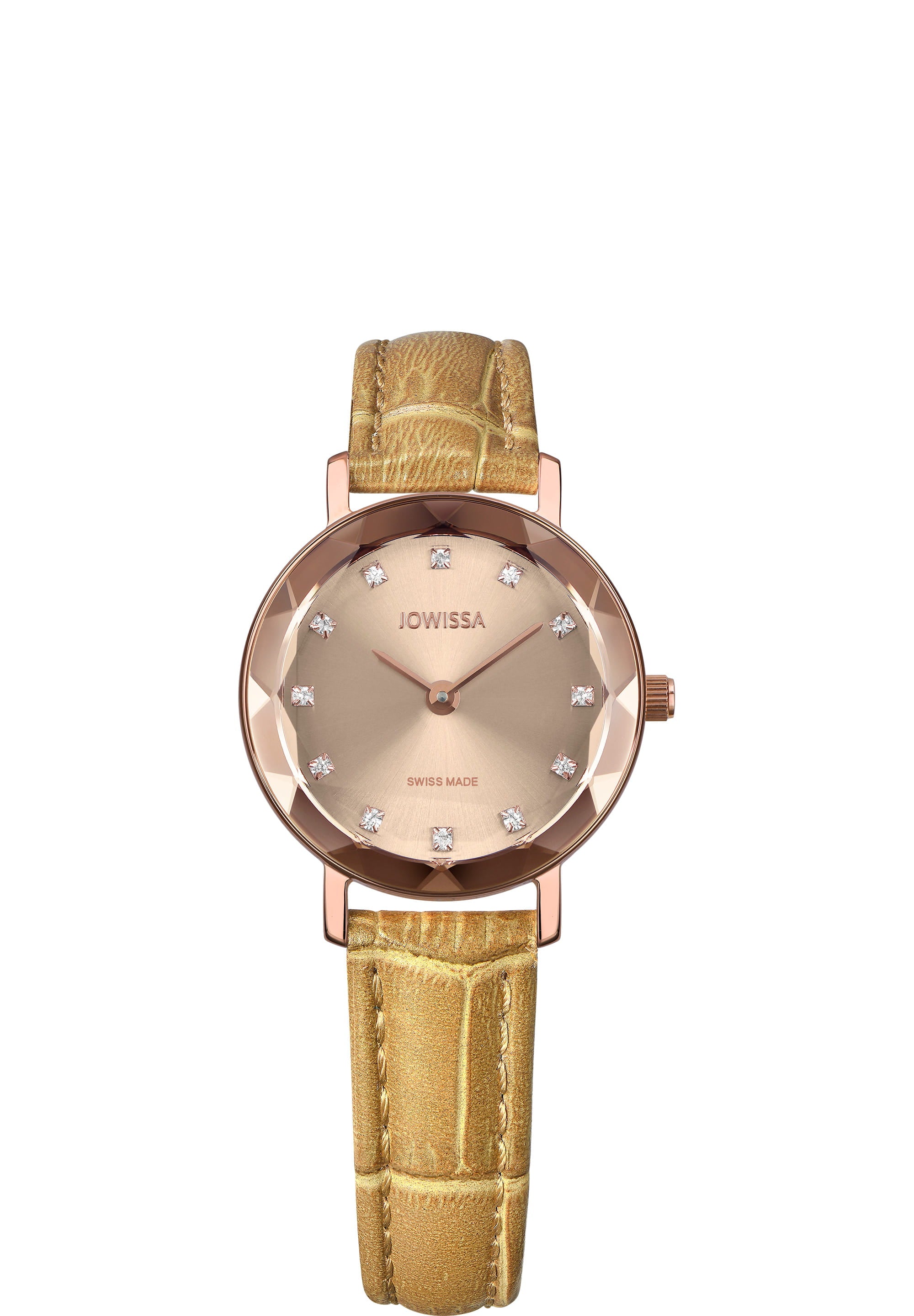 Aura Swiss Ladies Watch J5.638.S featuring a rose-gold dial, rhinestones, and an alligator-embossed leather strap.