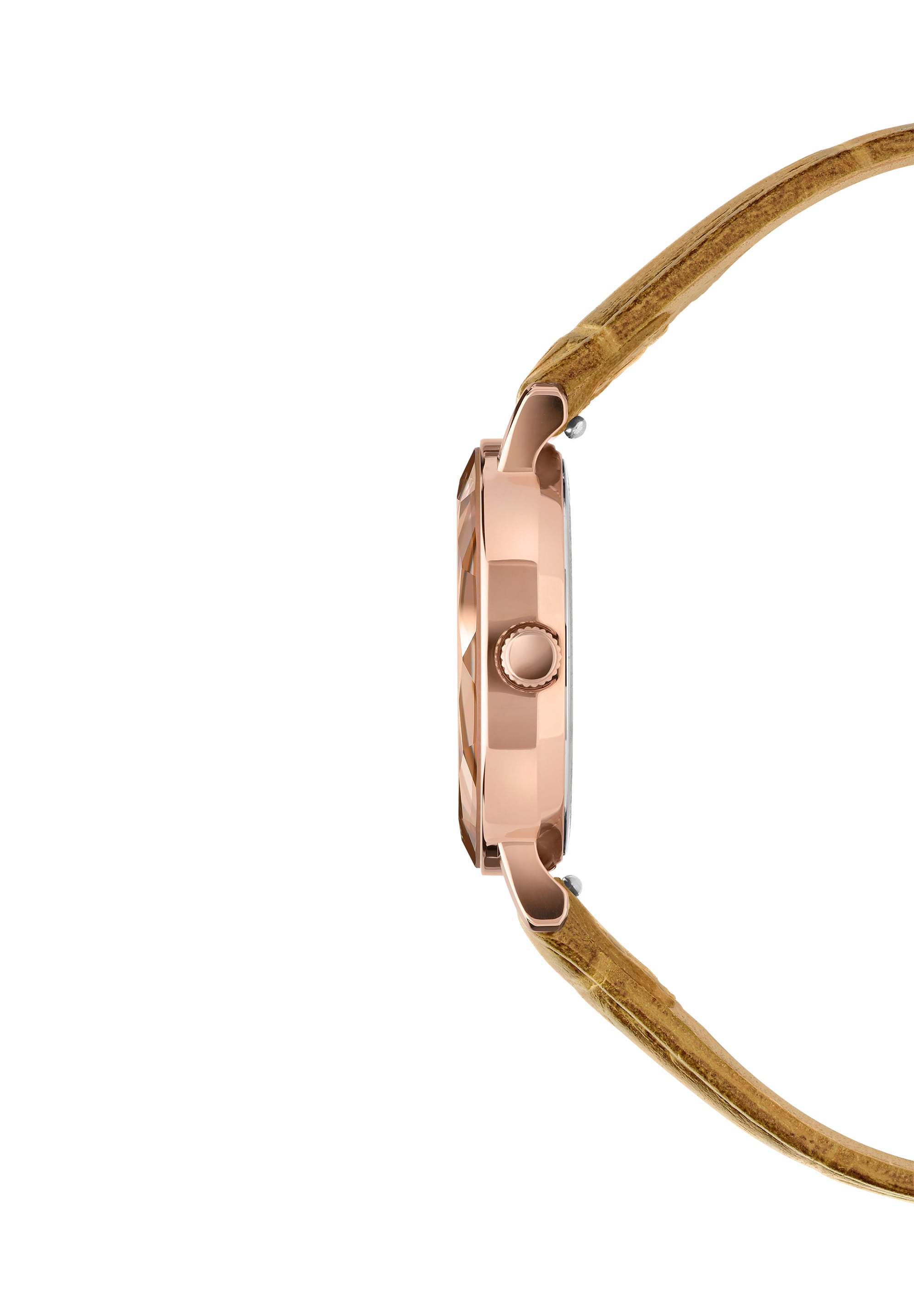 Aura Swiss Ladies Watch J5.638.S featuring a rose-gold dial, rhinestones, and an alligator-embossed leather strap.