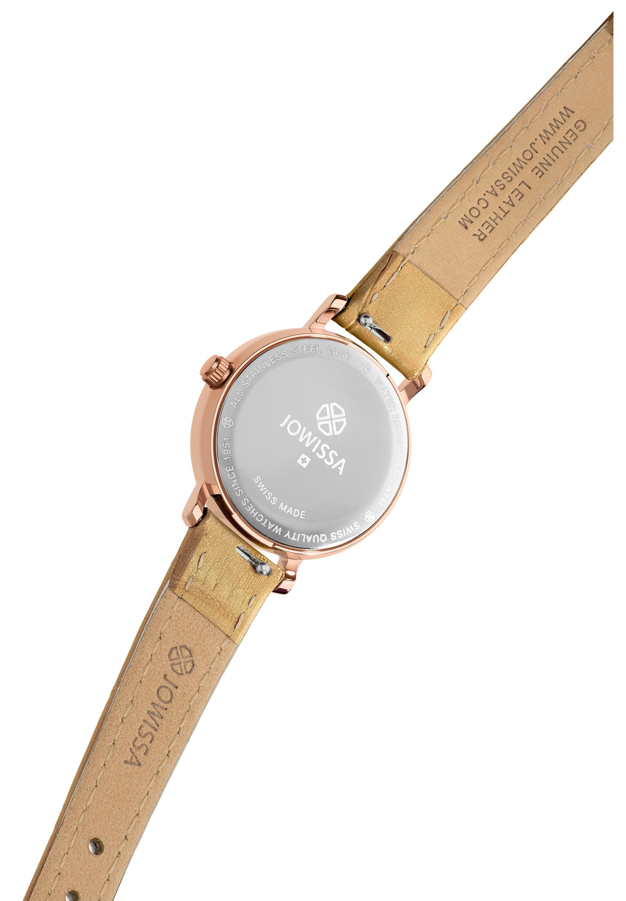 Aura Swiss Ladies Watch J5.638.S featuring a rose-gold dial, rhinestones, and an alligator-embossed leather strap.