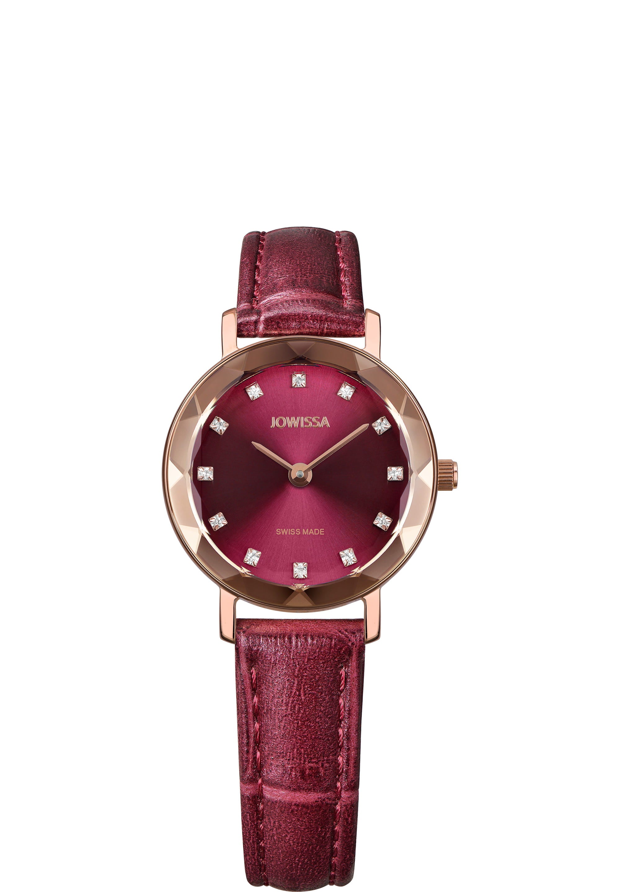 Aura Swiss Ladies Watch J5.641.S featuring a rose gold case, burgundy dial, and crocodile leather strap, showcasing elegance and style.