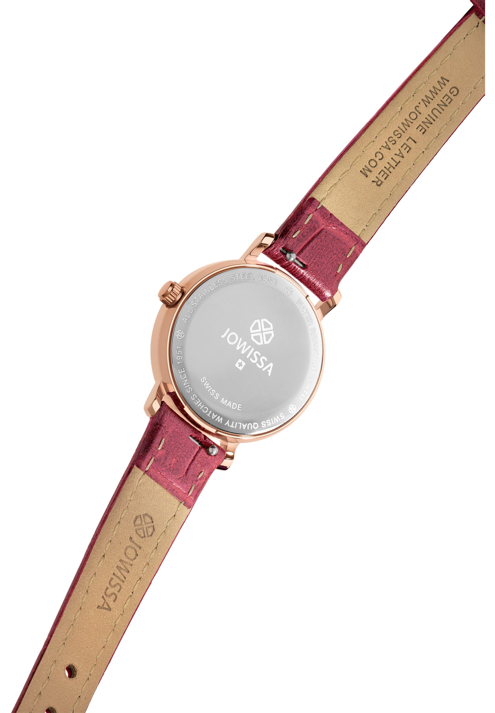 Aura Swiss Ladies Watch J5.641.S featuring a rose gold case, burgundy dial, and crocodile leather strap, showcasing elegance and style.