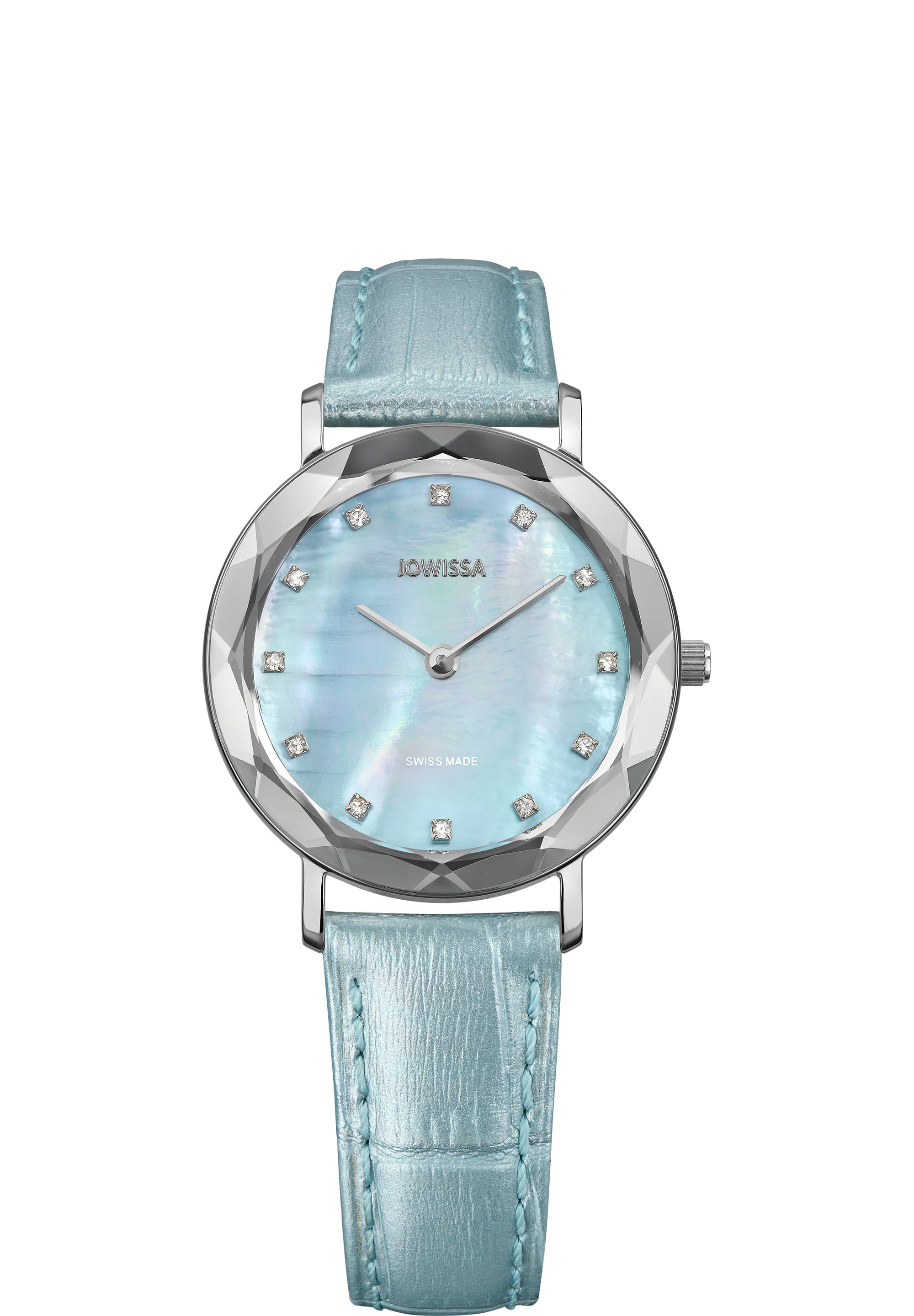 Aura Swiss Ladies Watch J5.642.M with blue mother-of-pearl dial and rhinestones, featuring a polished silver case and alligator-embossed leather strap.