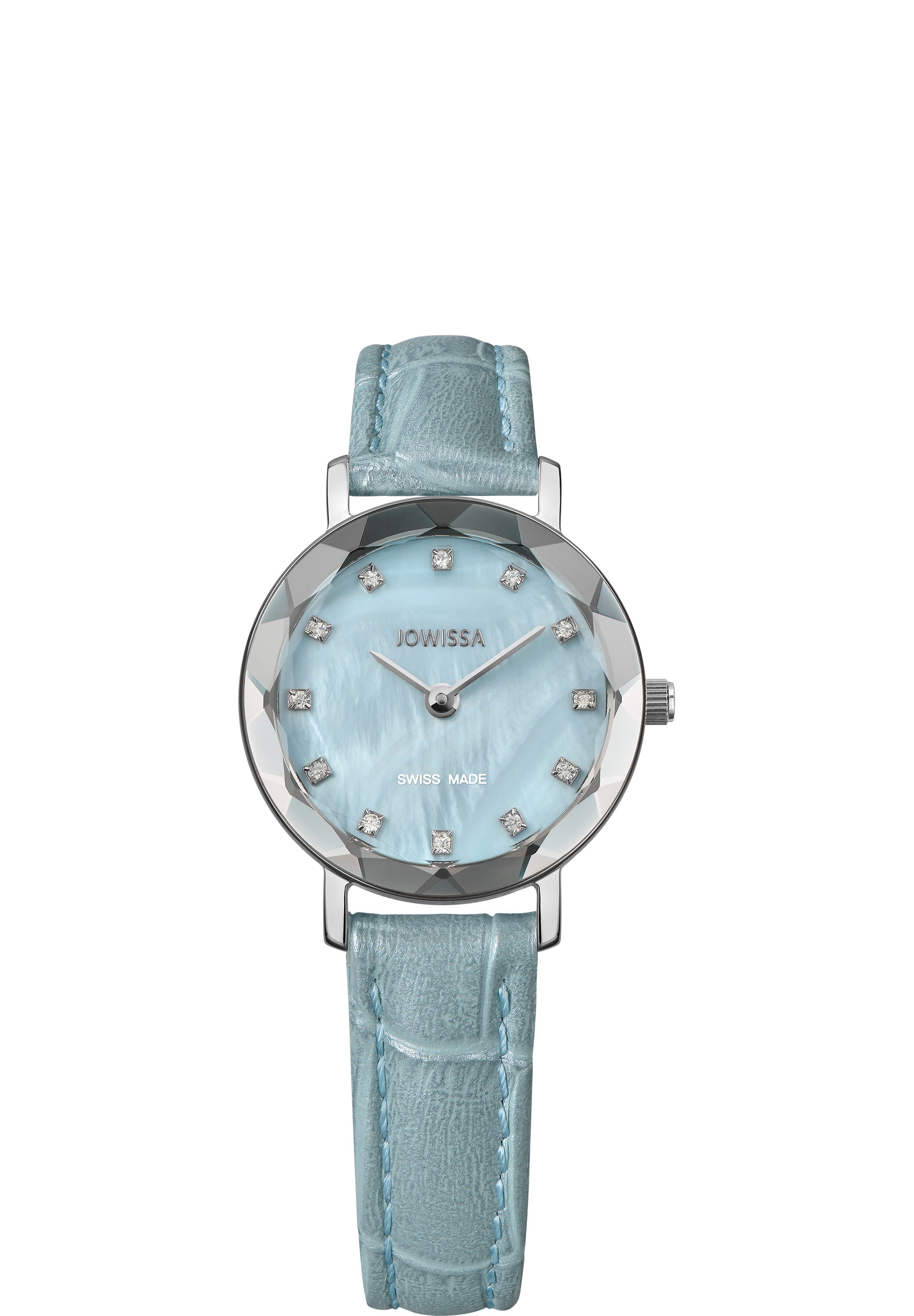 Aura Swiss Ladies Watch J5.642.S with blue mother-of-pearl dial and silver stainless steel case, featuring rhinestones and alligator leather strap.