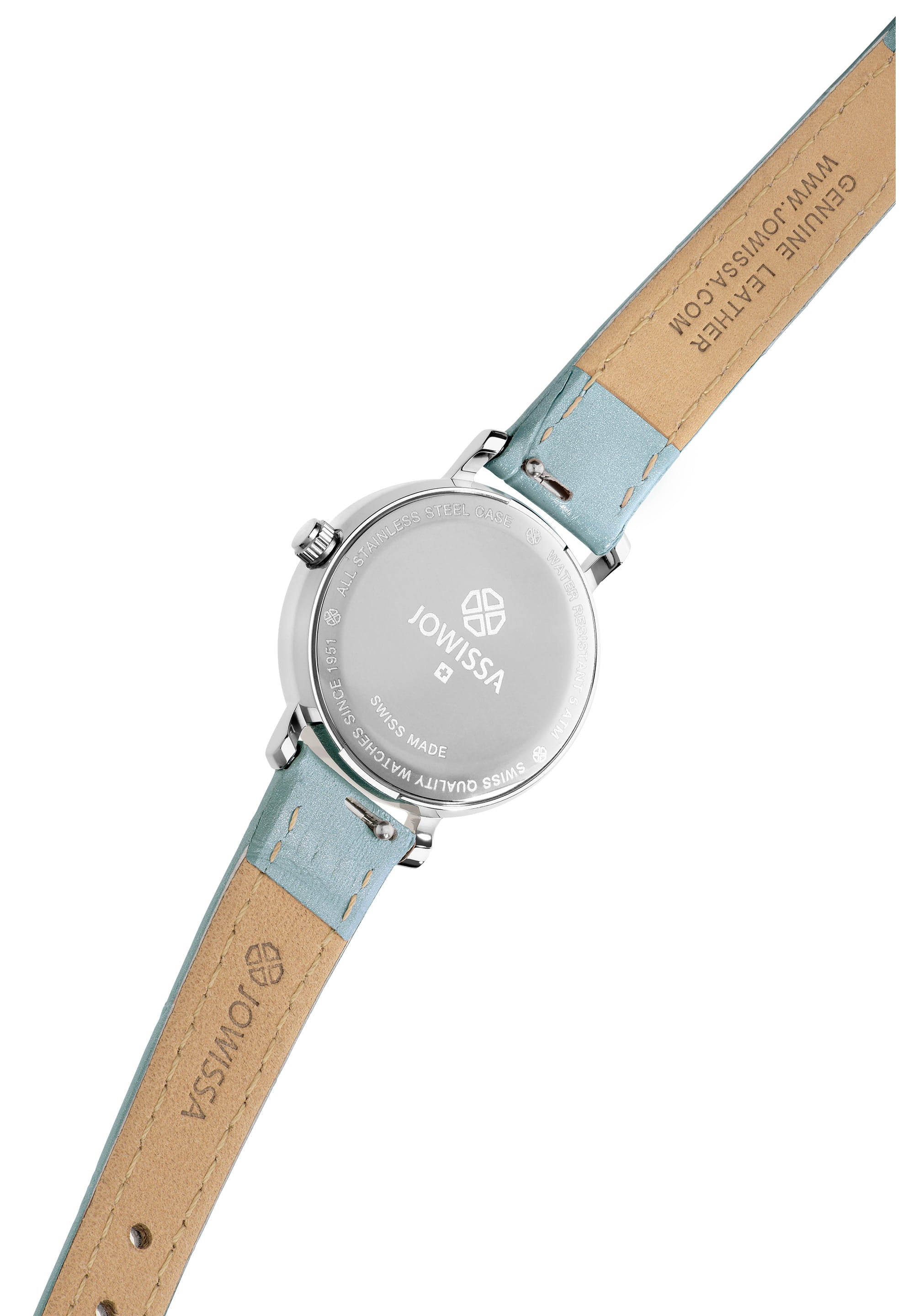 Aura Swiss Ladies Watch J5.642.S with blue mother-of-pearl dial and silver stainless steel case, featuring rhinestones and alligator leather strap.