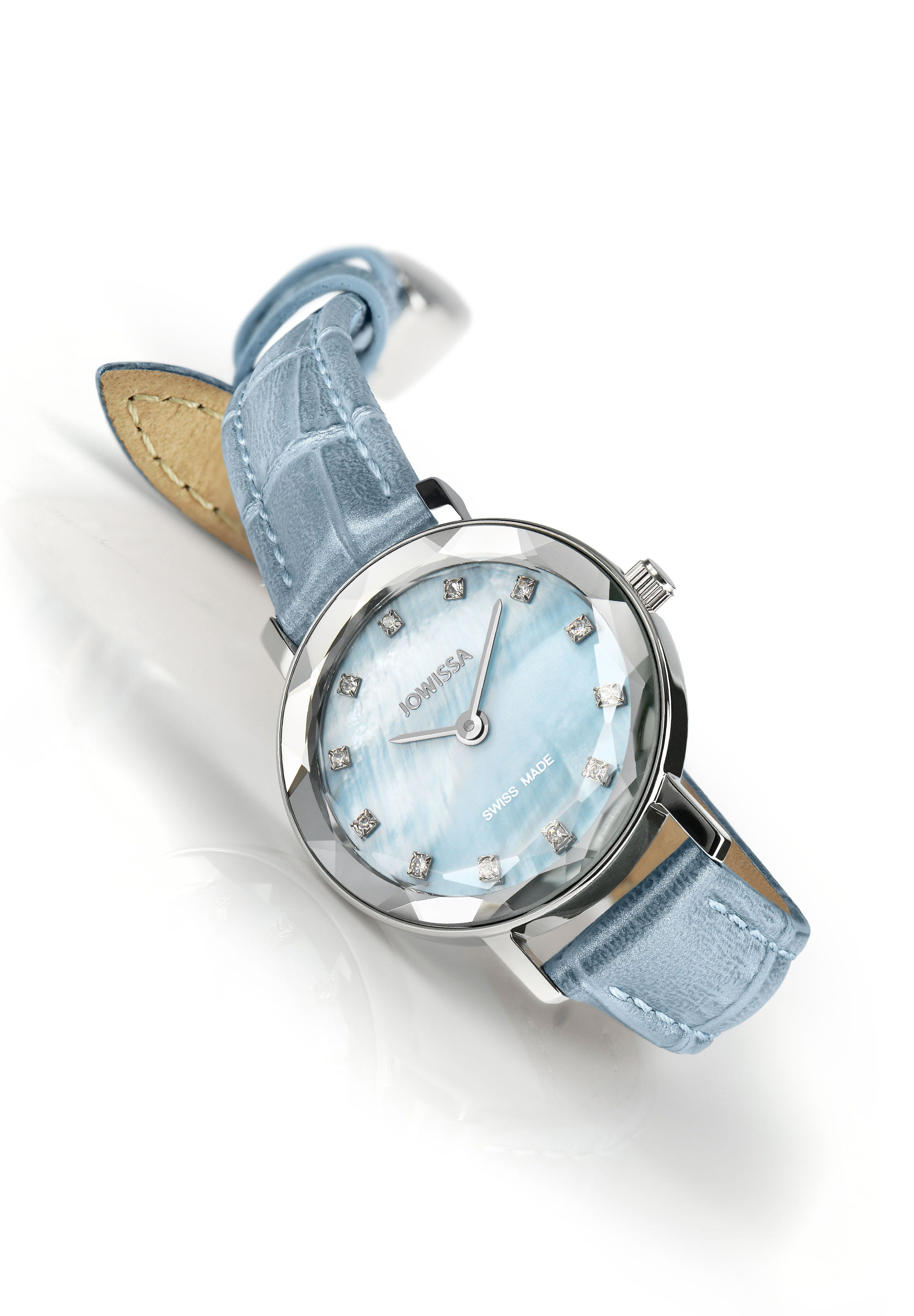 Aura Swiss Ladies Watch J5.642.S with blue mother-of-pearl dial and silver stainless steel case, featuring rhinestones and alligator leather strap.