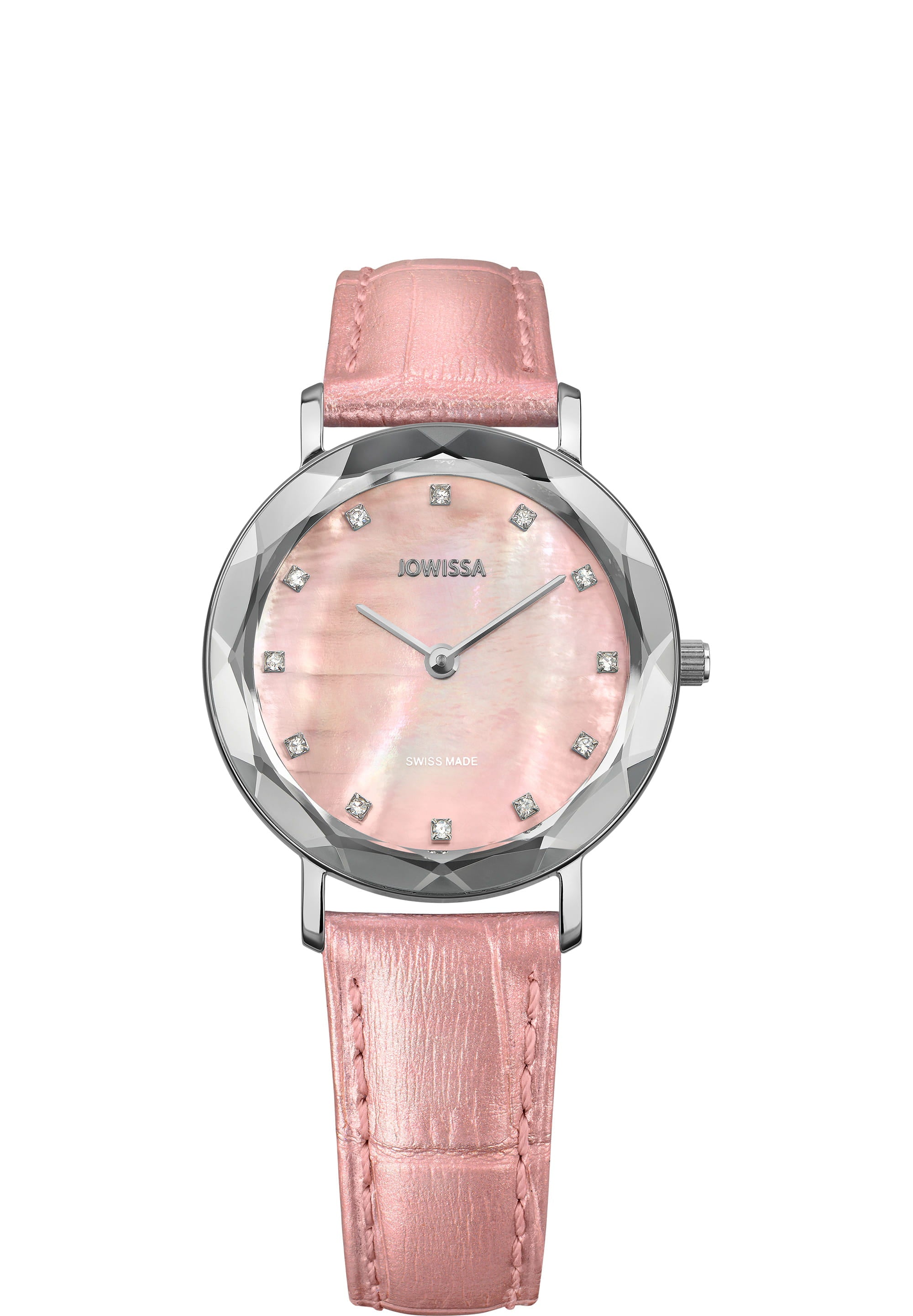 Aura Swiss Ladies Watch J5.643.M featuring a pale pink mother-of-pearl dial, polished silver case, and alligator-embossed leather strap.