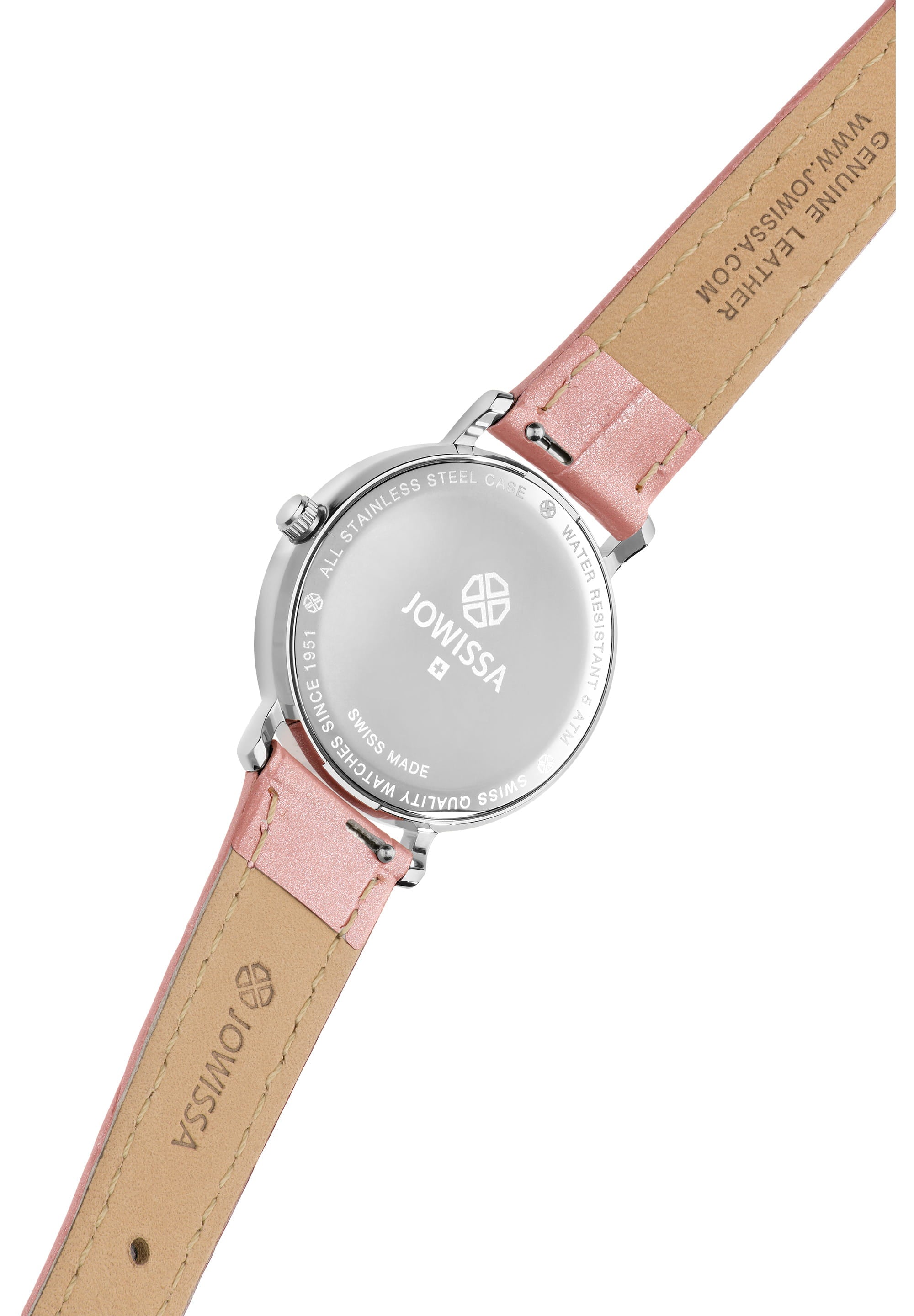 Aura Swiss Ladies Watch J5.643.M featuring a pale pink mother-of-pearl dial, polished silver case, and alligator-embossed leather strap.