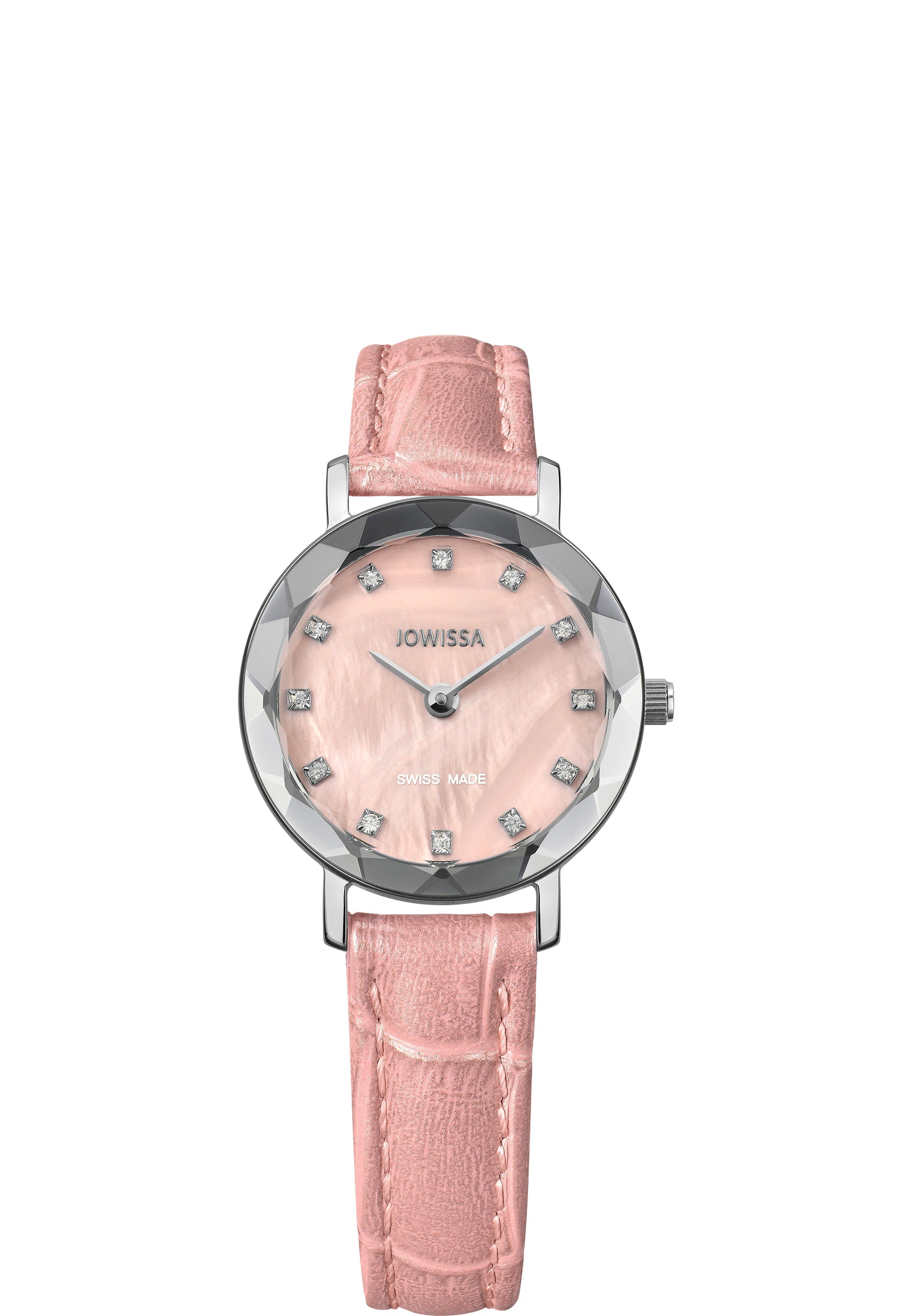 Aura Swiss Ladies Watch J5.643.S with pink mother-of-pearl dial and alligator-embossed leather strap, showcasing elegance and precision.