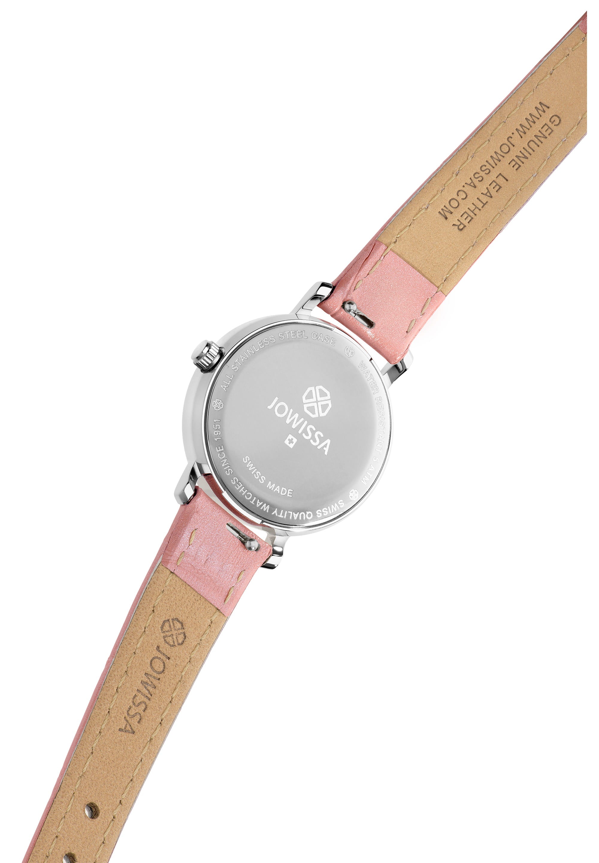 Aura Swiss Ladies Watch J5.643.S with pink mother-of-pearl dial and alligator-embossed leather strap, showcasing elegance and precision.