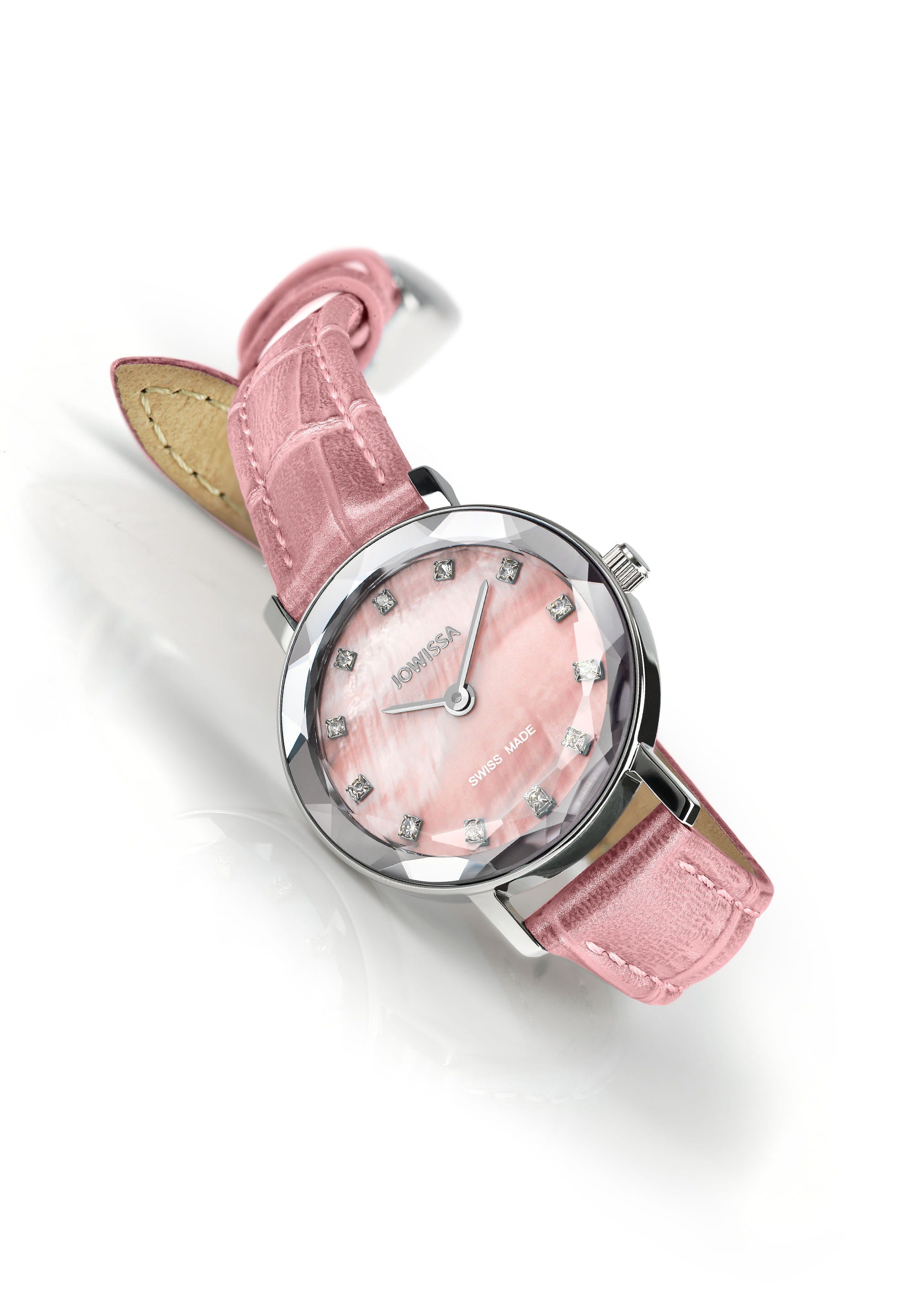 Aura Swiss Ladies Watch J5.643.S with pink mother-of-pearl dial and alligator-embossed leather strap, showcasing elegance and precision.