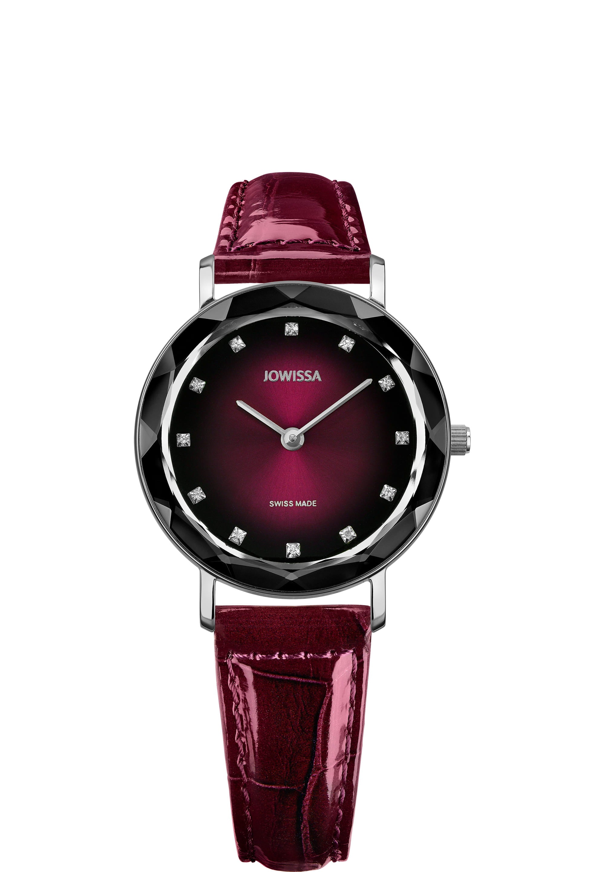 Aura Swiss Ladies Watch J5.646.M featuring a stainless steel case, color gradient dial with rhinestones, and a glossy alligator-embossed leather strap.