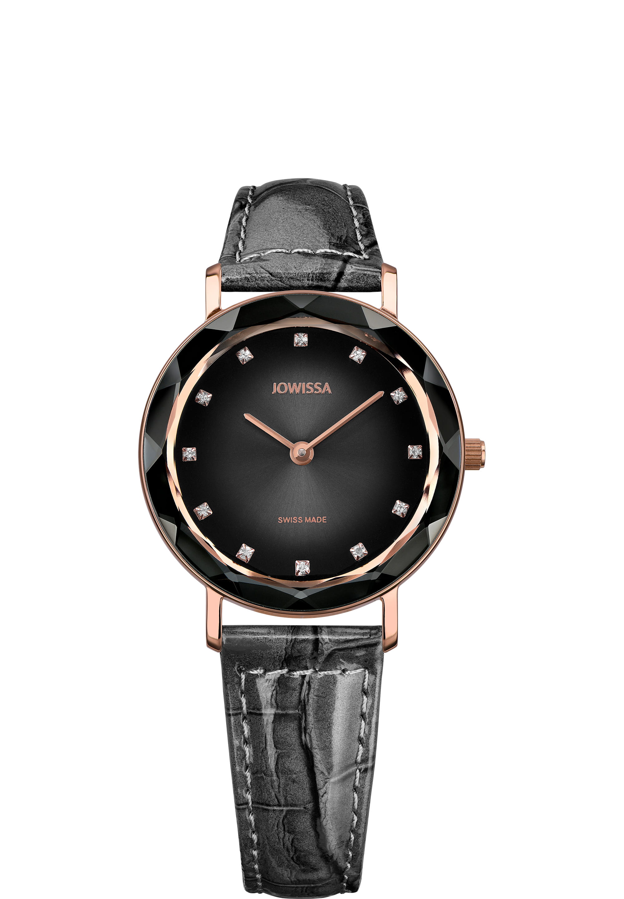 Aura Swiss Ladies Watch J5.647.M featuring a black dial, rose gold accents, and a leather strap, showcasing elegance and sophistication.