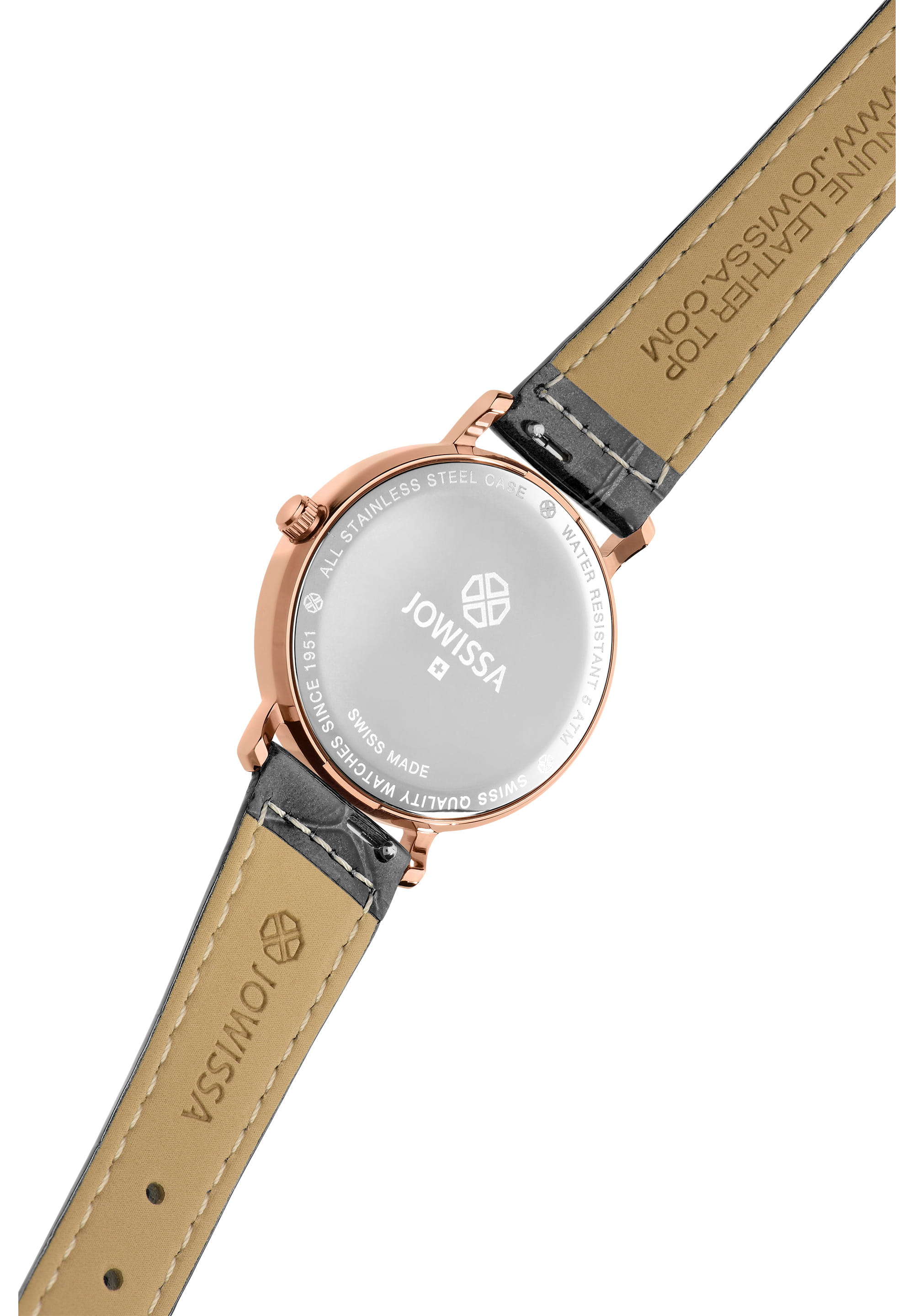 Aura Swiss Ladies Watch J5.647.M featuring a black dial, rose gold accents, and a leather strap, showcasing elegance and sophistication.