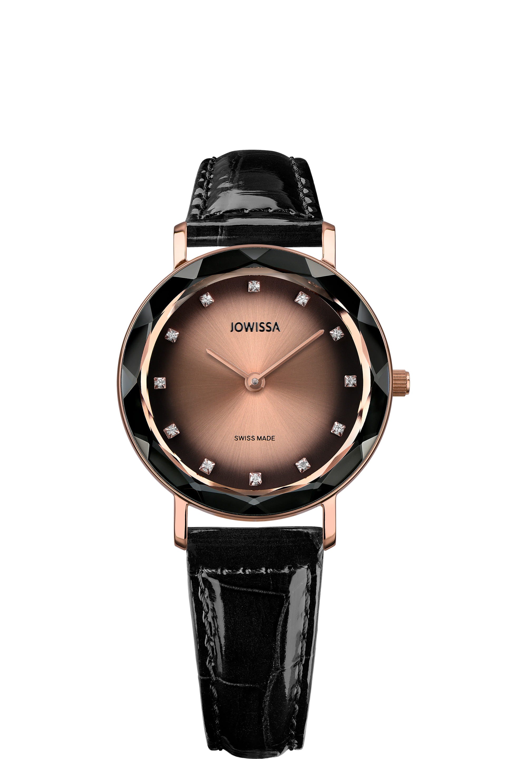 Aura Swiss Ladies Watch J5.648.M featuring a rose-gold and black dial, stainless steel case, and glossy leather strap.