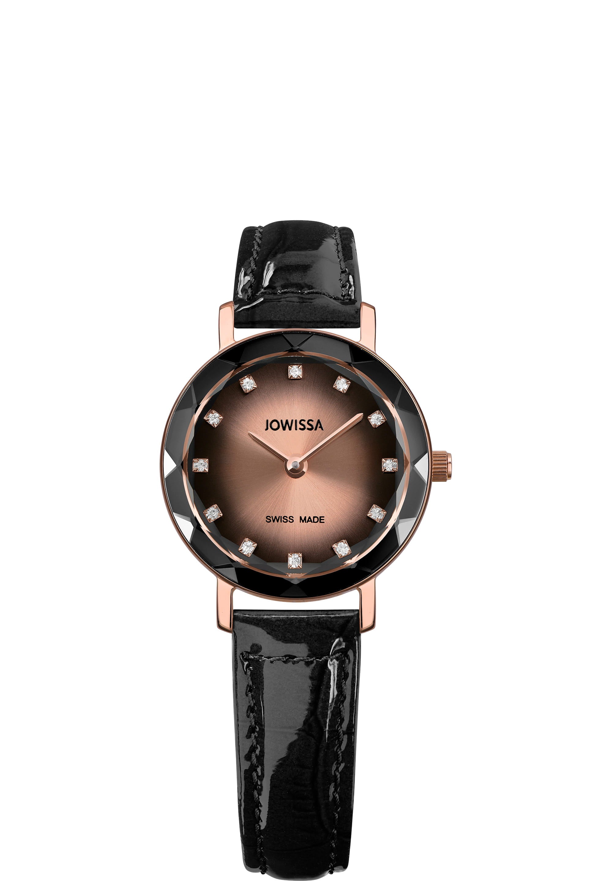 Aura Swiss Ladies Watch J5.648.S featuring a rose-gold and black dial, stainless steel case, and glossy leather strap.