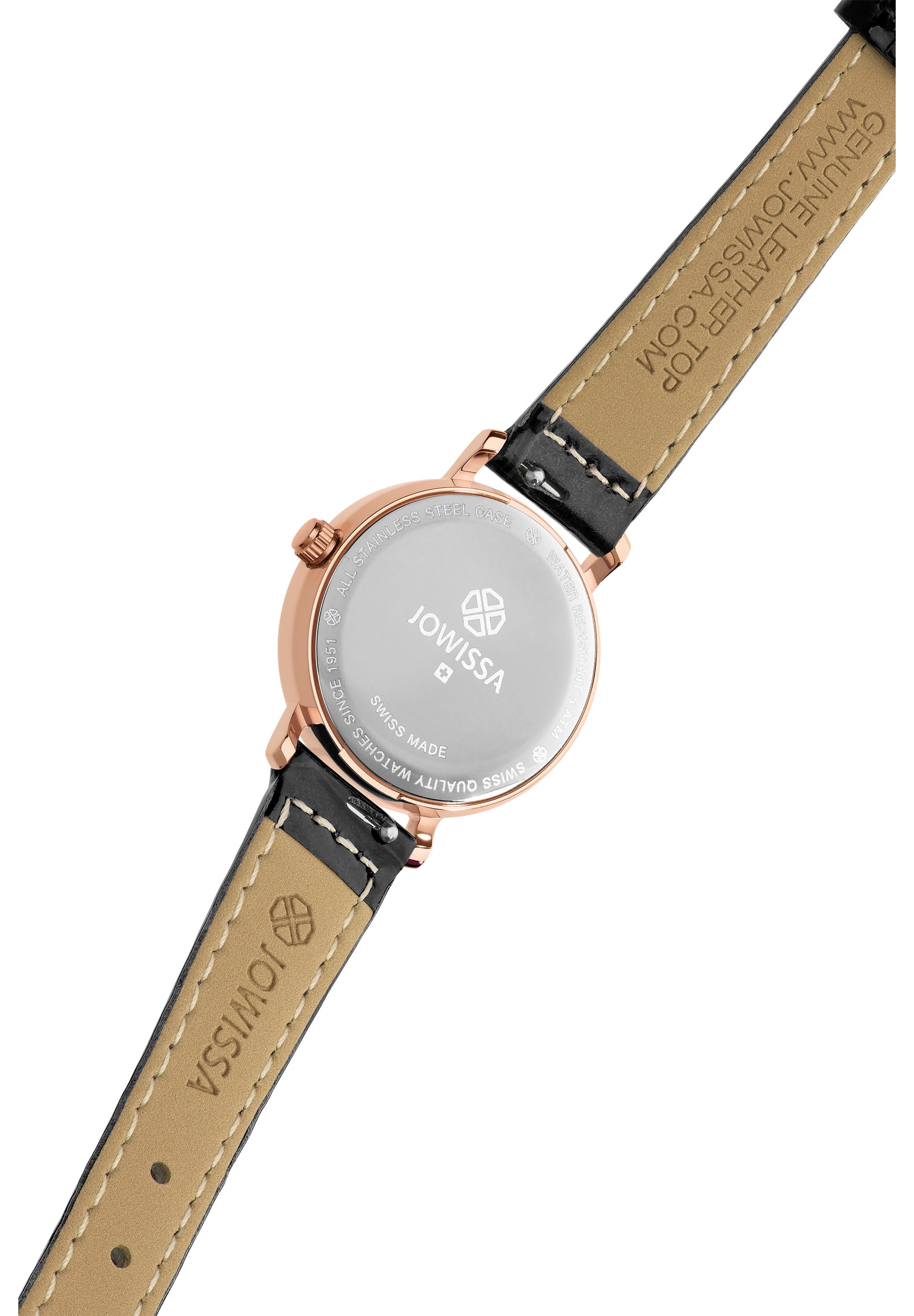 Aura Swiss Ladies Watch J5.648.S featuring a rose-gold and black dial, stainless steel case, and glossy leather strap.