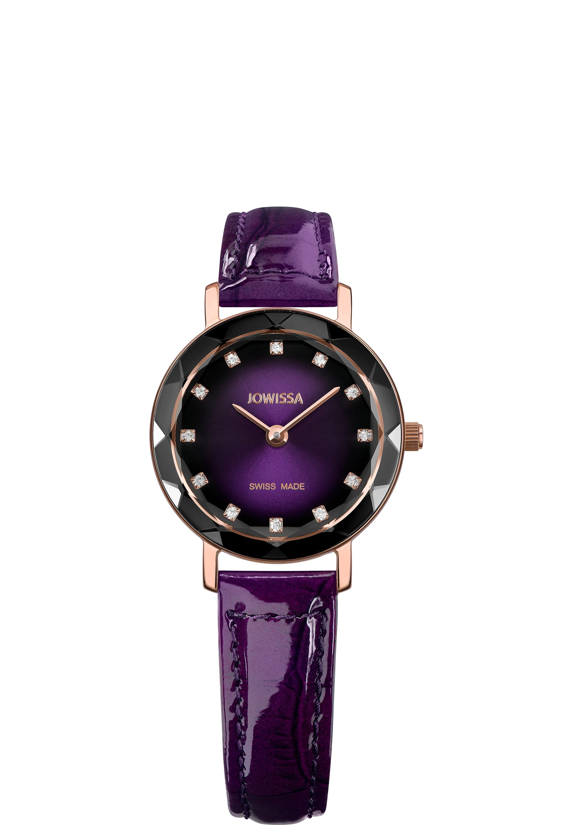 Aura Swiss Ladies Watch J5.649.S featuring a vibrant purple and black dial with gold hour hands and rhinestones, complemented by a glossy purple leather strap.