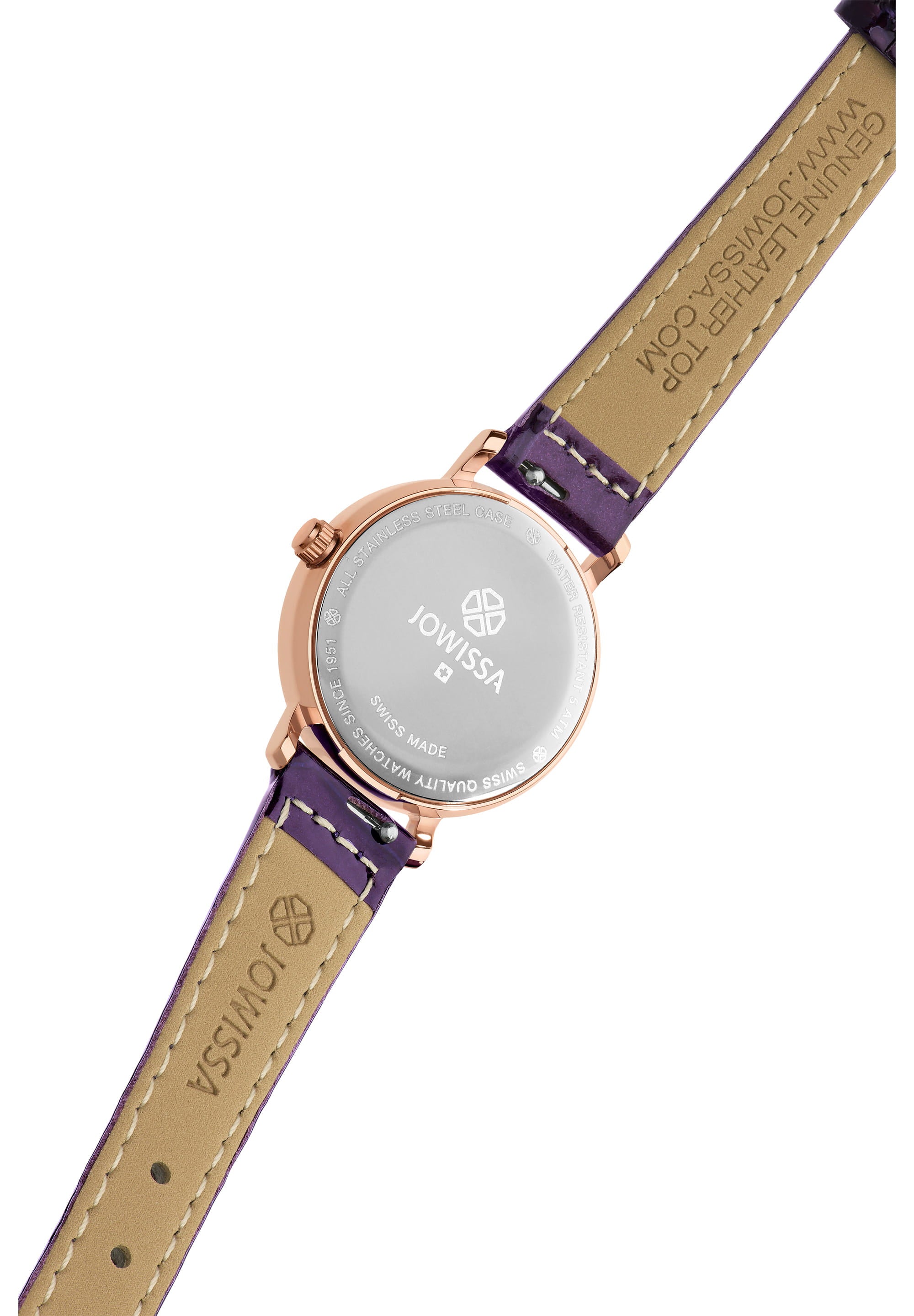 Aura Swiss Ladies Watch J5.649.S featuring a vibrant purple and black dial with gold hour hands and rhinestones, complemented by a glossy purple leather strap.