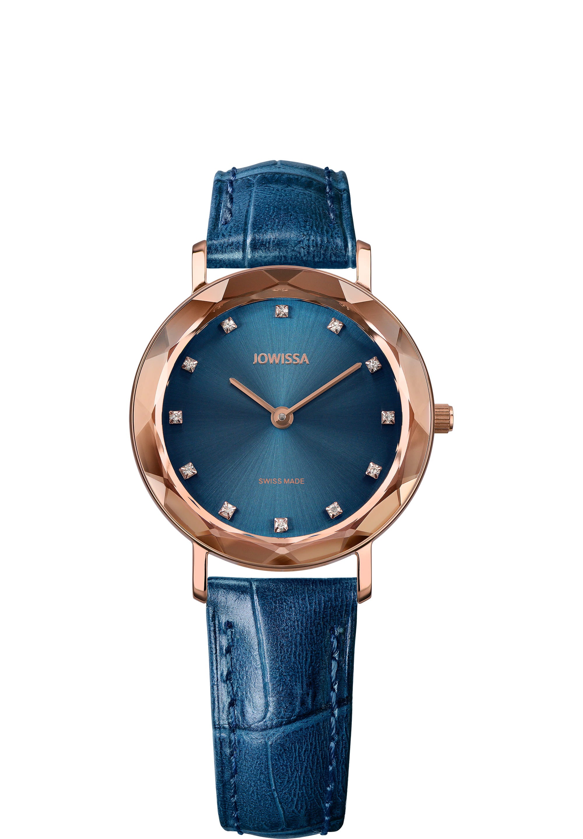 Aura Swiss Ladies Watch J5.644.M featuring a rose-gold case, peacock blue dial, and rhinestone hour indices on a blue leather strap.