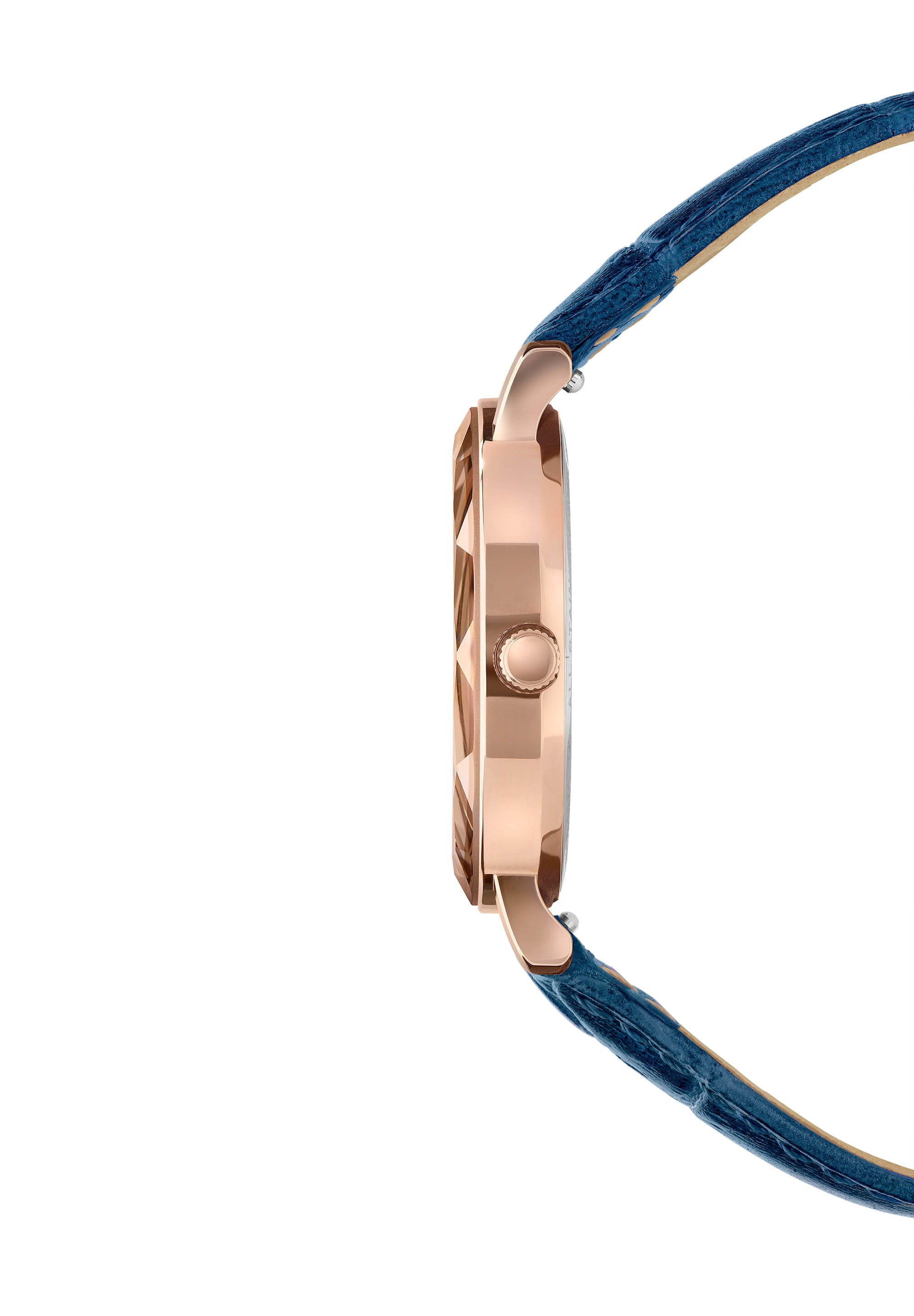 Aura Swiss Ladies Watch J5.644.M featuring a rose-gold case, peacock blue dial, and rhinestone hour indices on a blue leather strap.