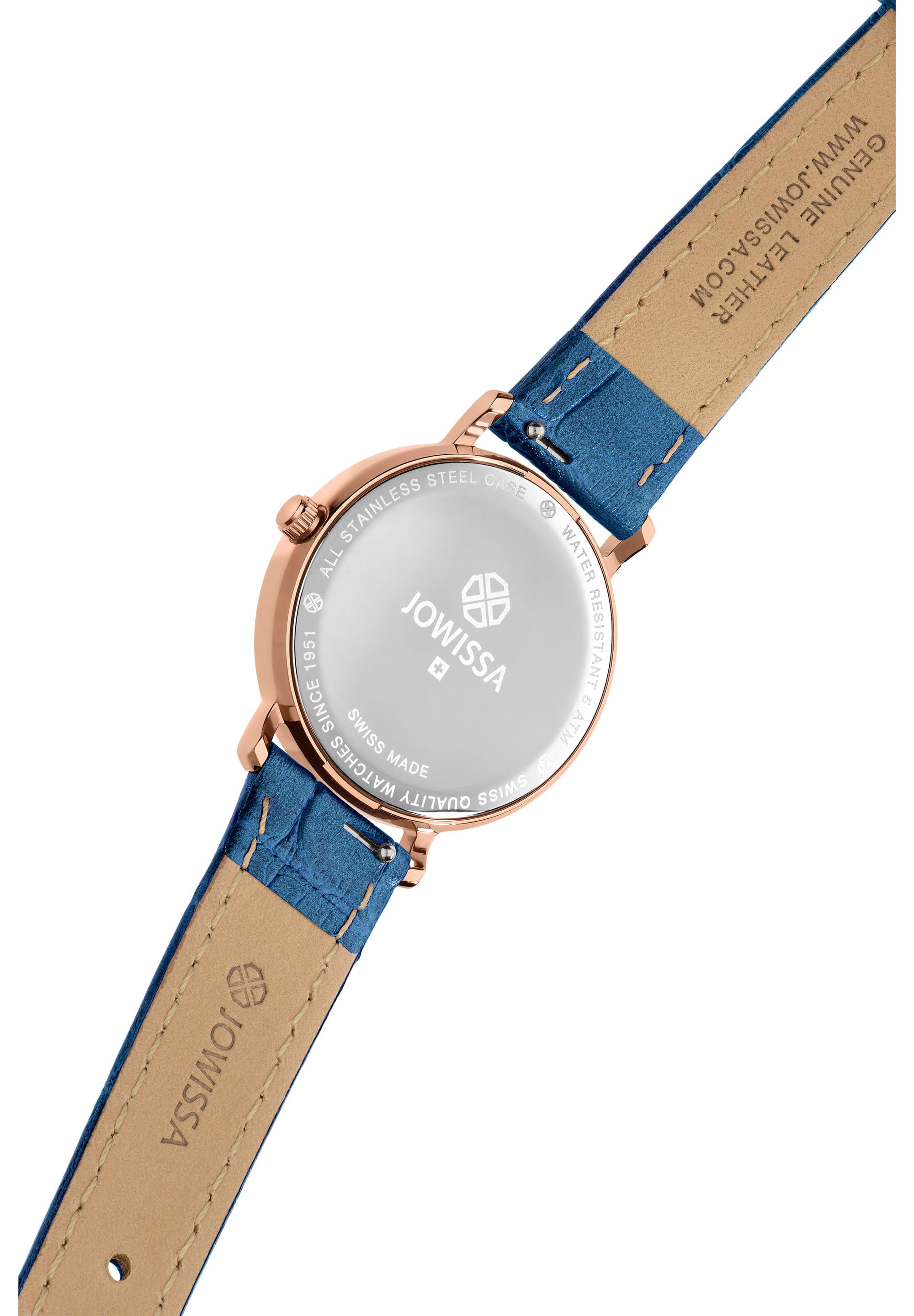 Aura Swiss Ladies Watch J5.644.M featuring a rose-gold case, peacock blue dial, and rhinestone hour indices on a blue leather strap.