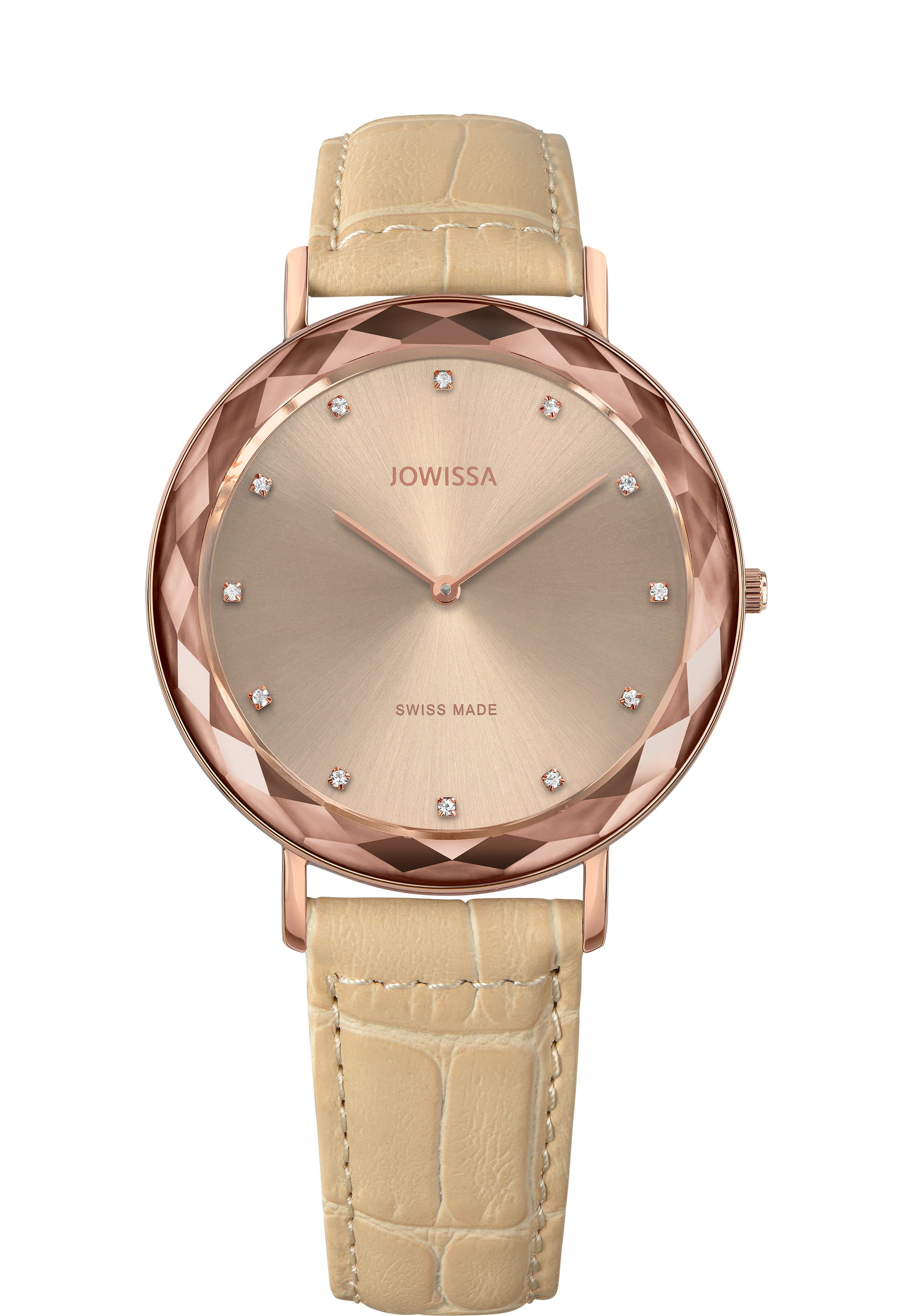 Aura Swiss Ladies Watch J5.565.L featuring a stainless steel case, rhinestone dial, and genuine leather strap, showcasing elegance and precision.