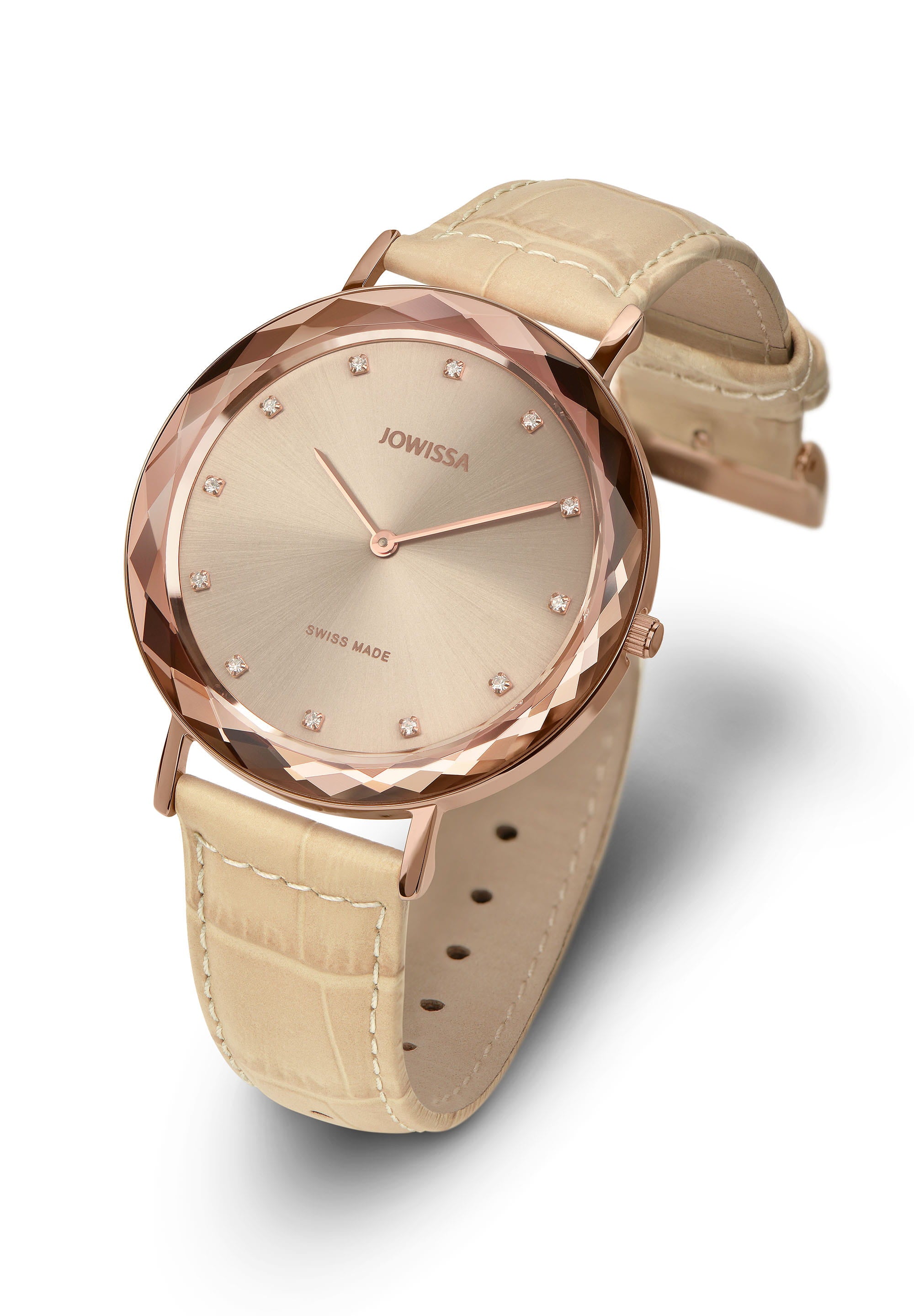 Aura Swiss Ladies Watch J5.565.L featuring a stainless steel case, rhinestone dial, and genuine leather strap, showcasing elegance and precision.