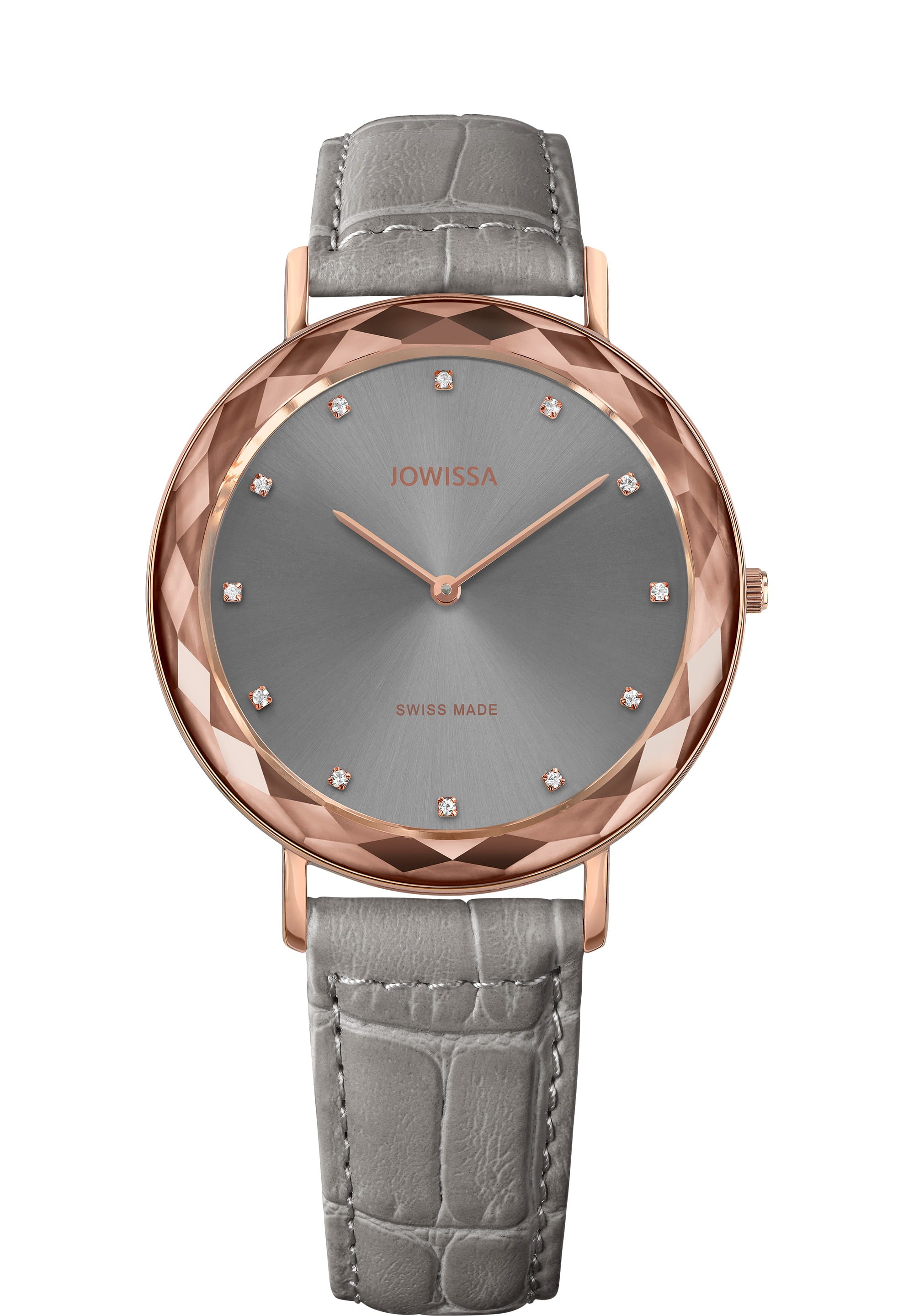 Aura Swiss Ladies Watch J5.566.L featuring a stainless steel case, sunray dial with rhinestones, and alligator-embossed leather strap.