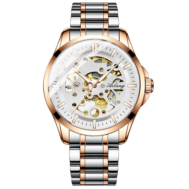 Automatic Mechanical Hollow Watch for men, featuring a luminous display, stainless steel strap, and waterproof design.