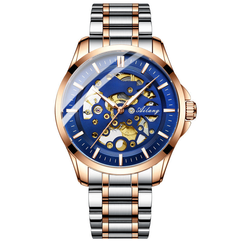 Automatic Mechanical Hollow Watch for men, featuring a luminous display, stainless steel strap, and waterproof design.